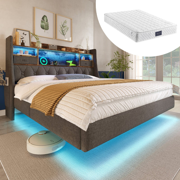 Upholstered Bed 140x200cm Floating LED Charging Station Storage Headboard Linen, Grey