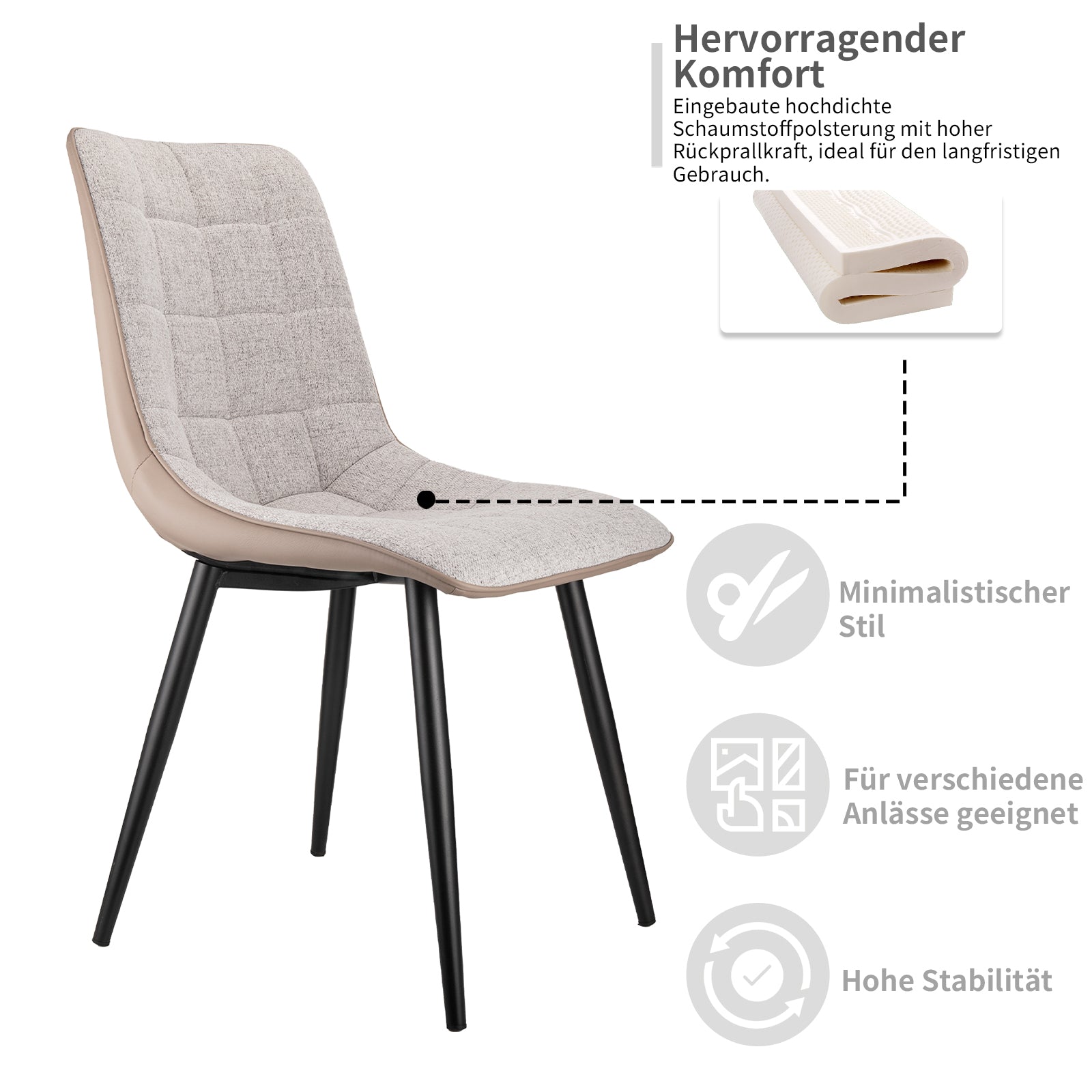 Set of 2 Upholstered Dining Chairs Metal Frame Faux Leather & Linen