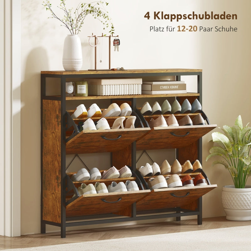 Shoe cabinet with 4 folding drawers, slim design, open shelf, steel, brown