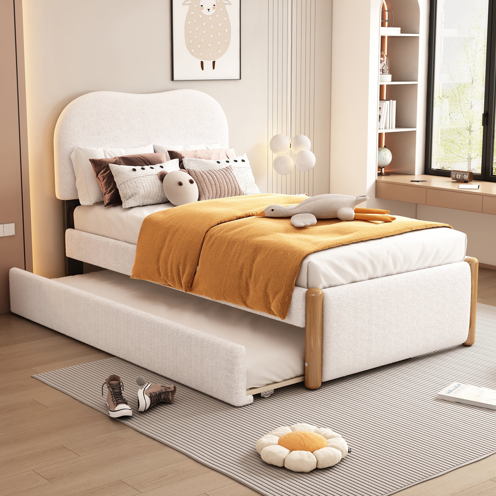 Upholstered Flat Bed with Pull-Out Trundle, 90x200cm, White Velvet