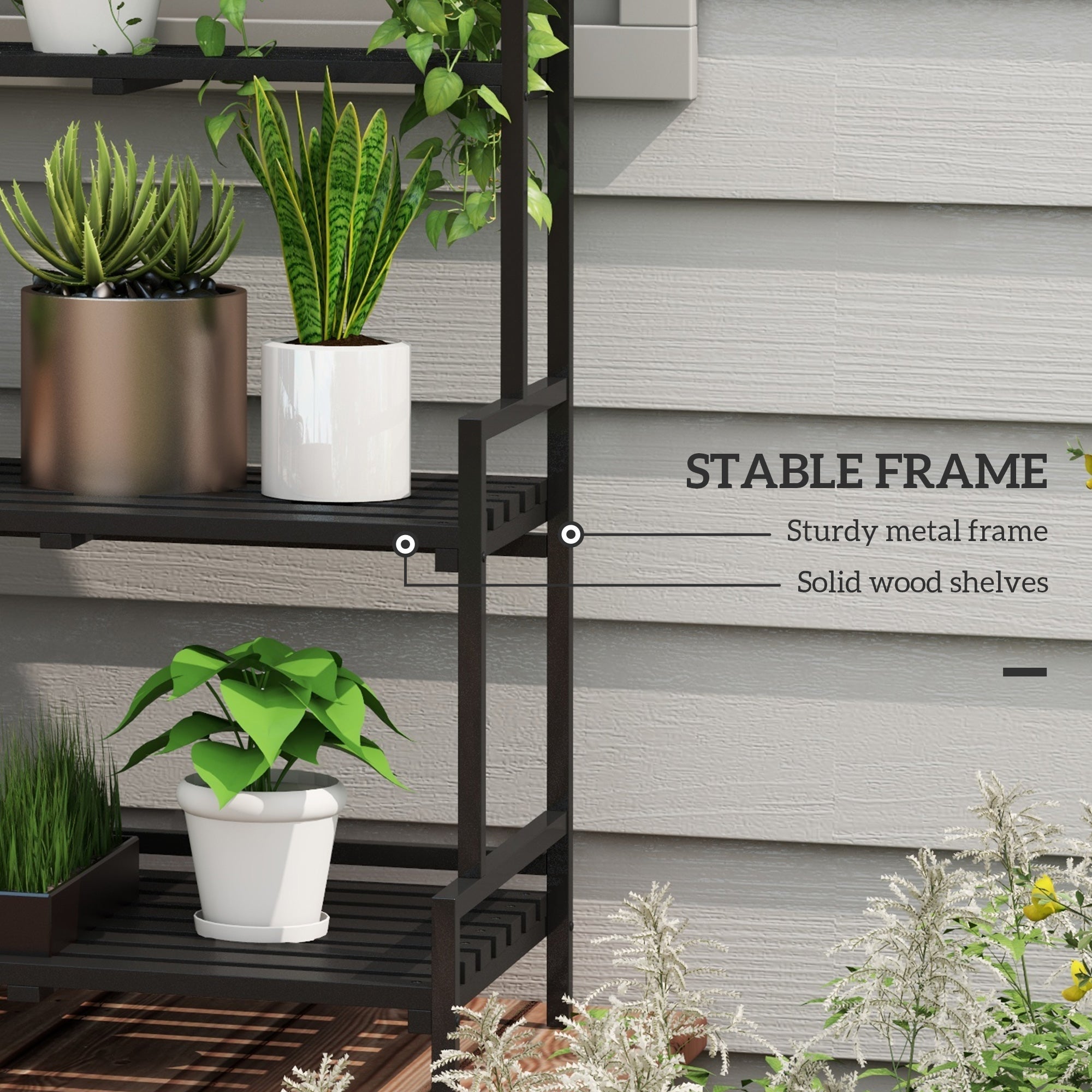 3 Tiered Plant Rack with Hanging Hooks, Indoor/Outdoor Tall Plant Stand, Black