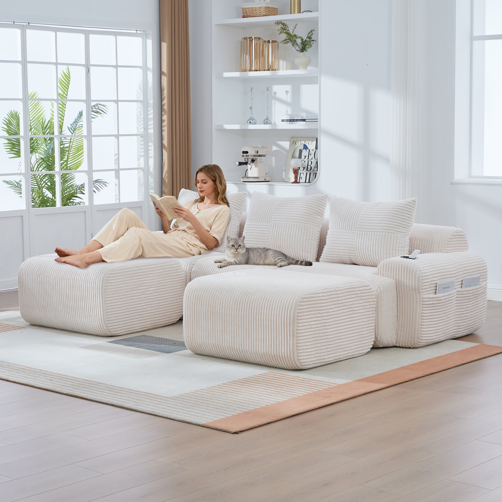 3-Seater Modular Corduroy Sofa with 2 Ottomans, Cup Holders and Storage Pocket, Beige