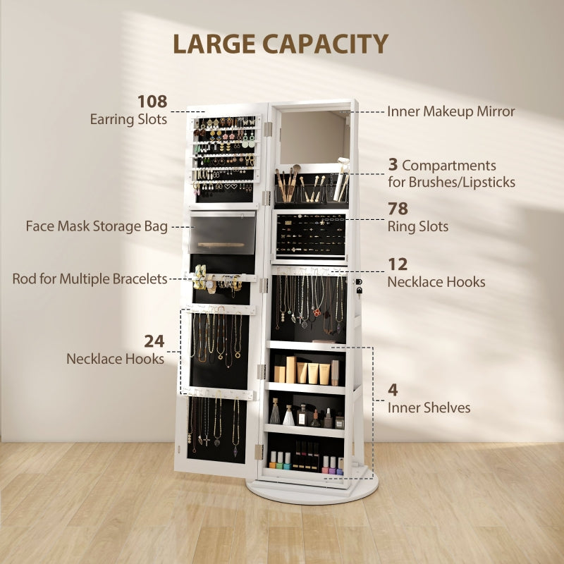 360° Swivel Mirror Jewellery Cabinet, LED Lights Lockable Storage Full Length, White