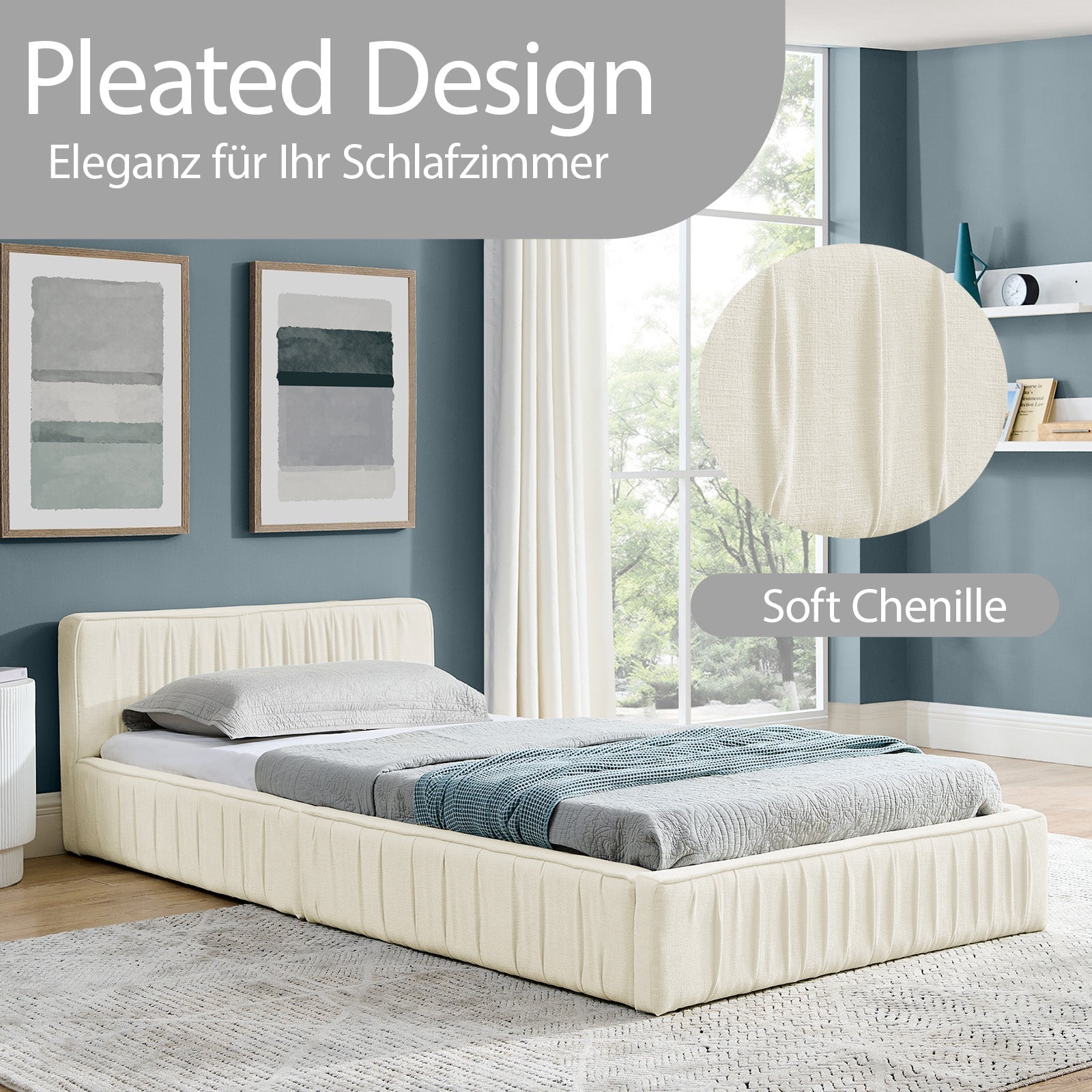 Single Bed 90x200cm Children's Bed Sturdy Iron Frame Chenille Beige