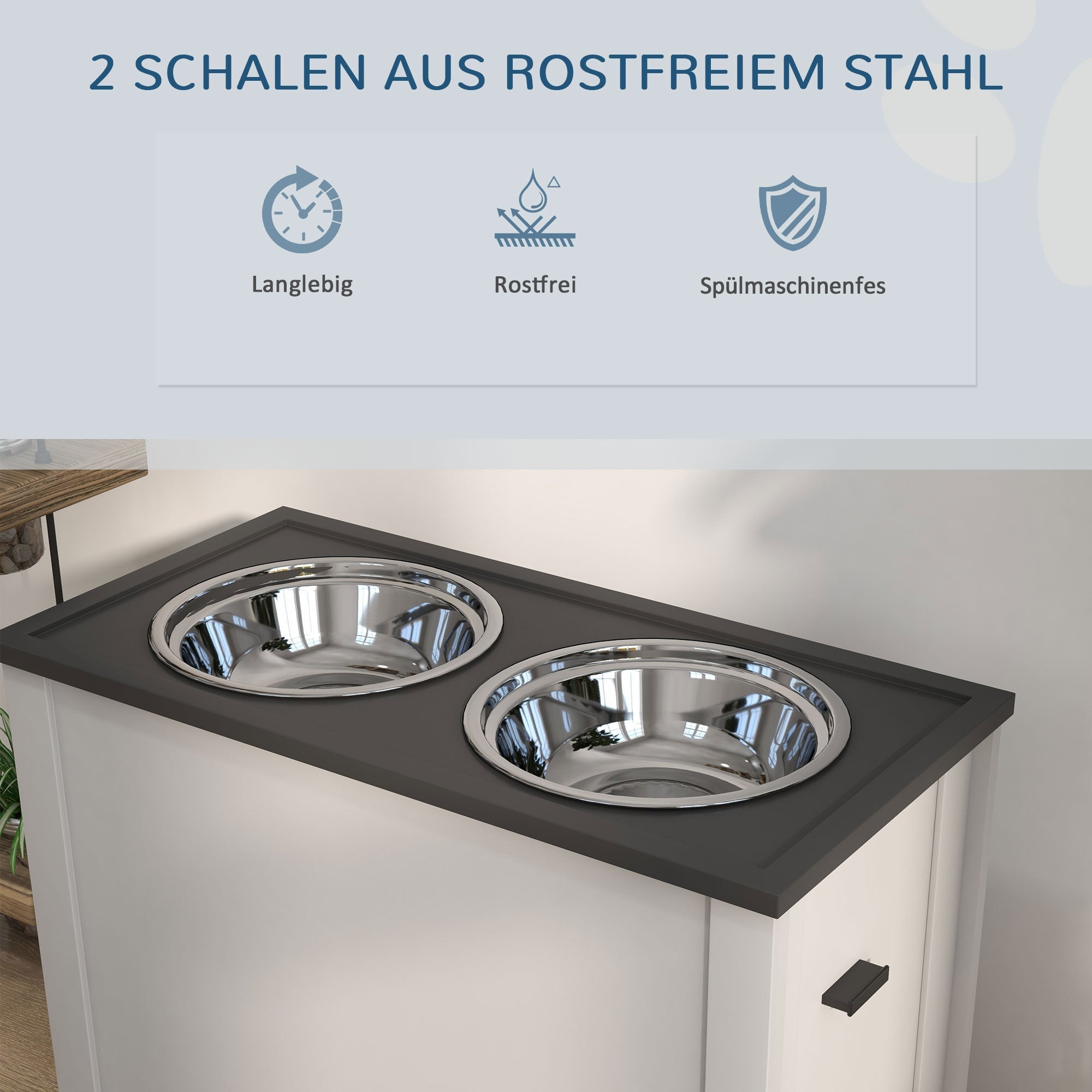 Hundenapf, Futterstation mit Vorrat, 2L Edelstahlnäpfe, Weiß