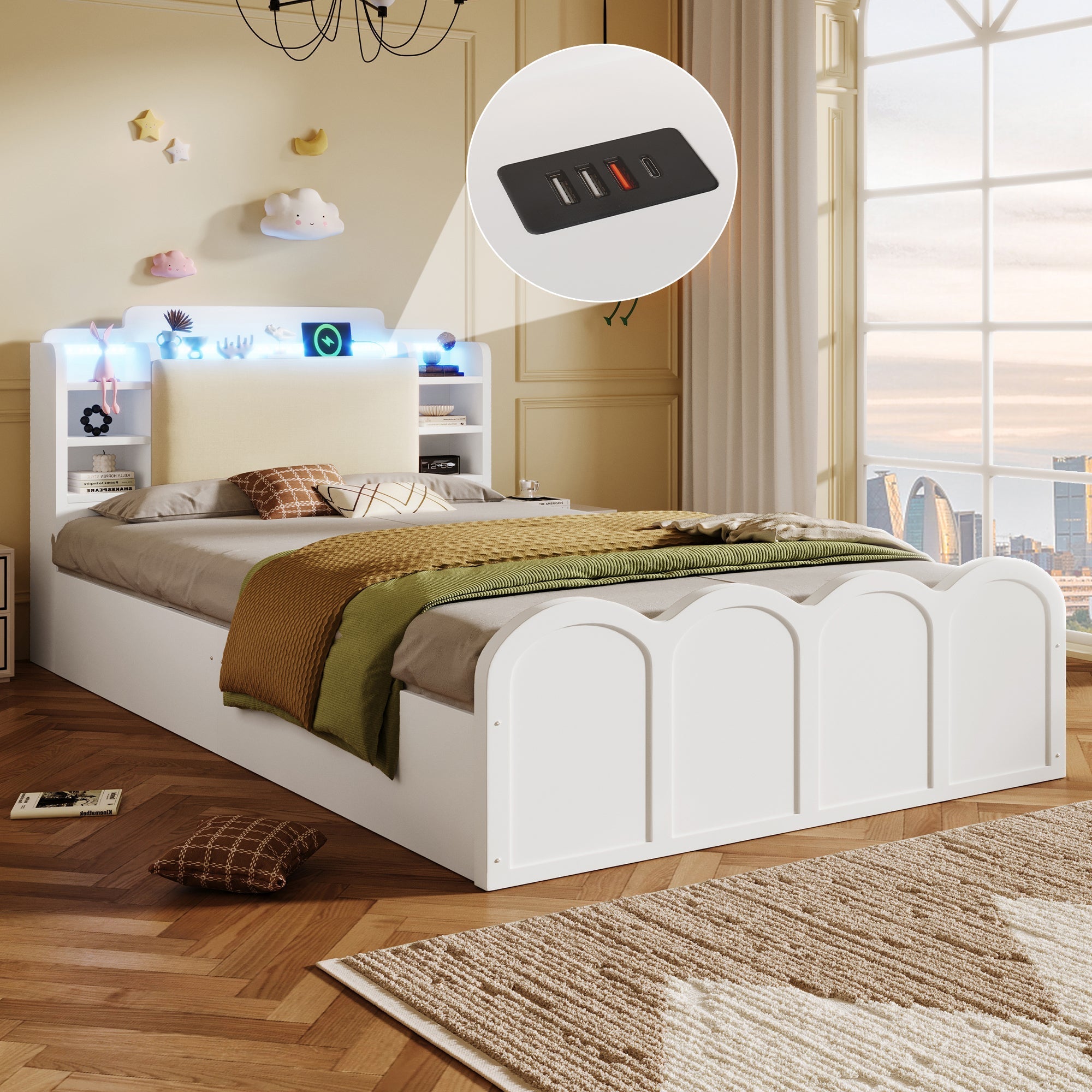 Panel Bed 90x200cm Hydraulic Storage USB-C Charging LED Multifunctional White