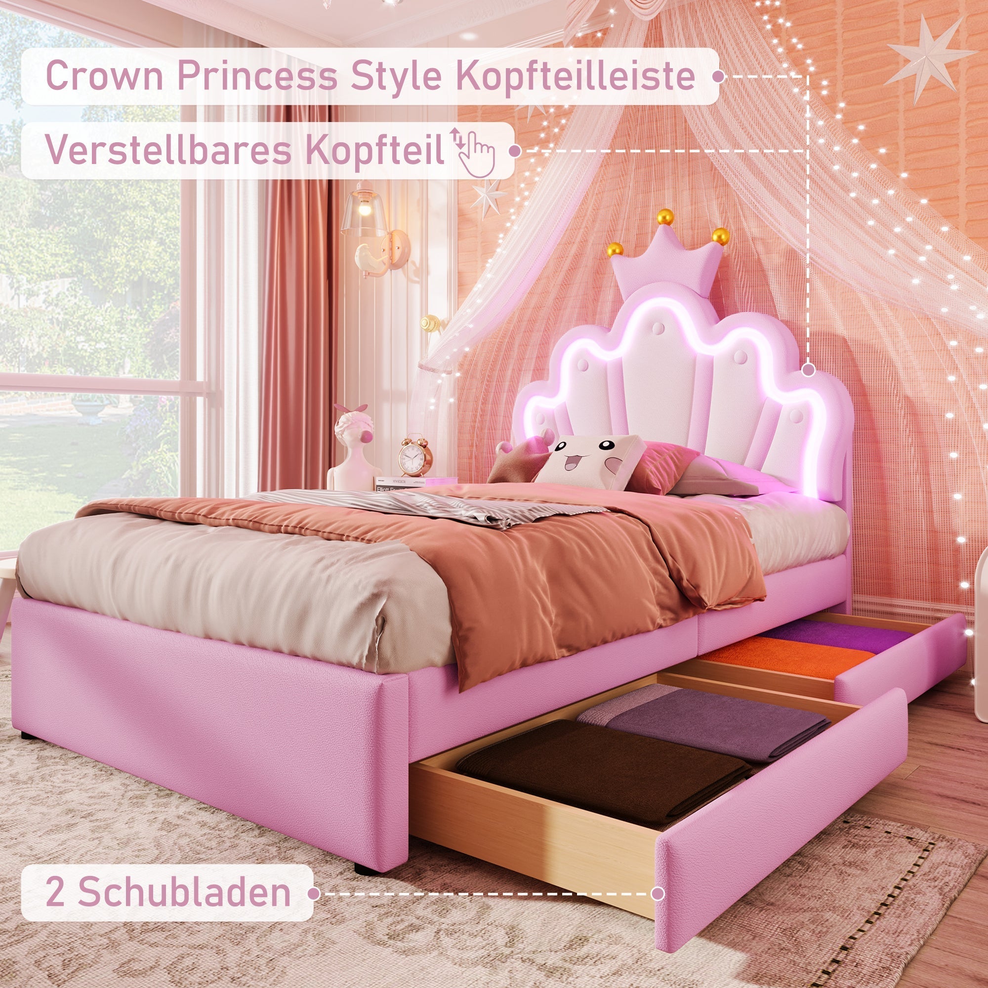 Upholstered Bed 90x200cm Crown Headboard Ambient Light 2 Drawers - Pink PU