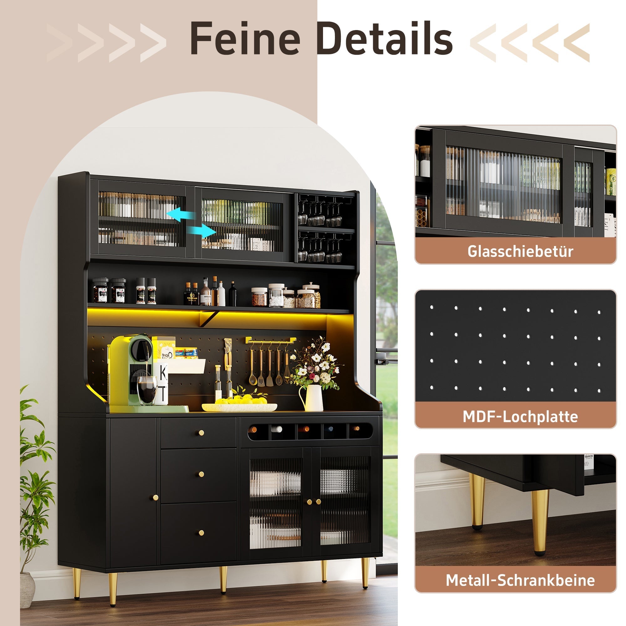 Tall Cabinet Adjustable Shelves LED Lighting Wine Rack Black