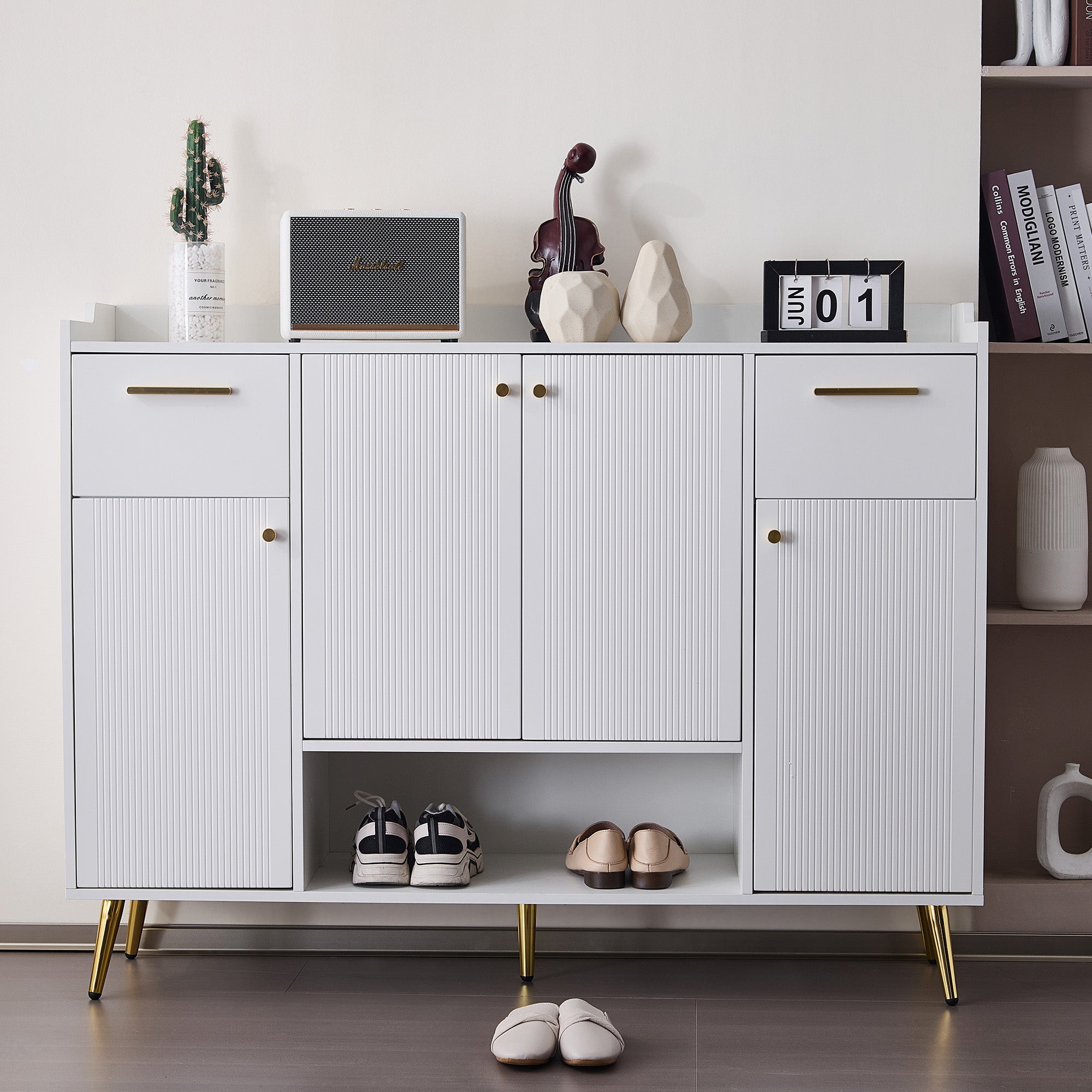 Shoe cabinet, shoe rack with 2 drawers and 4 doors, metal feet, white