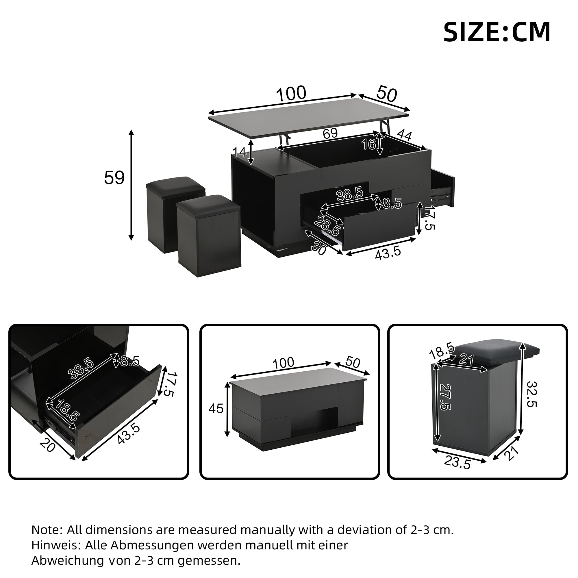 Coffee Table, 4-in-1 Height Adjustable LED with 2 Drawers, High-Gloss Black