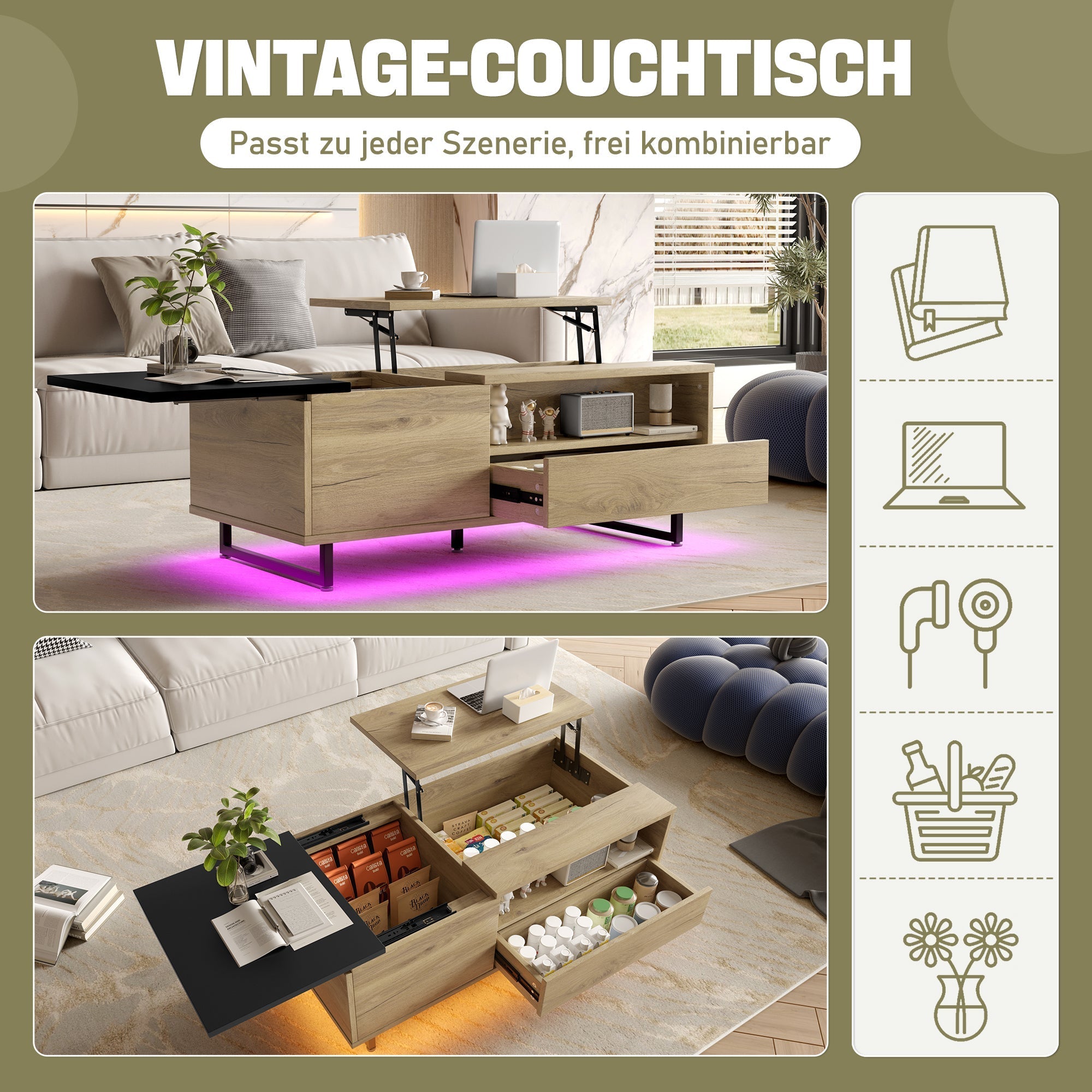 Cabinet: Height-Adjustable with LED Light, Drawers & Compartments, Customizable for Living Rooms