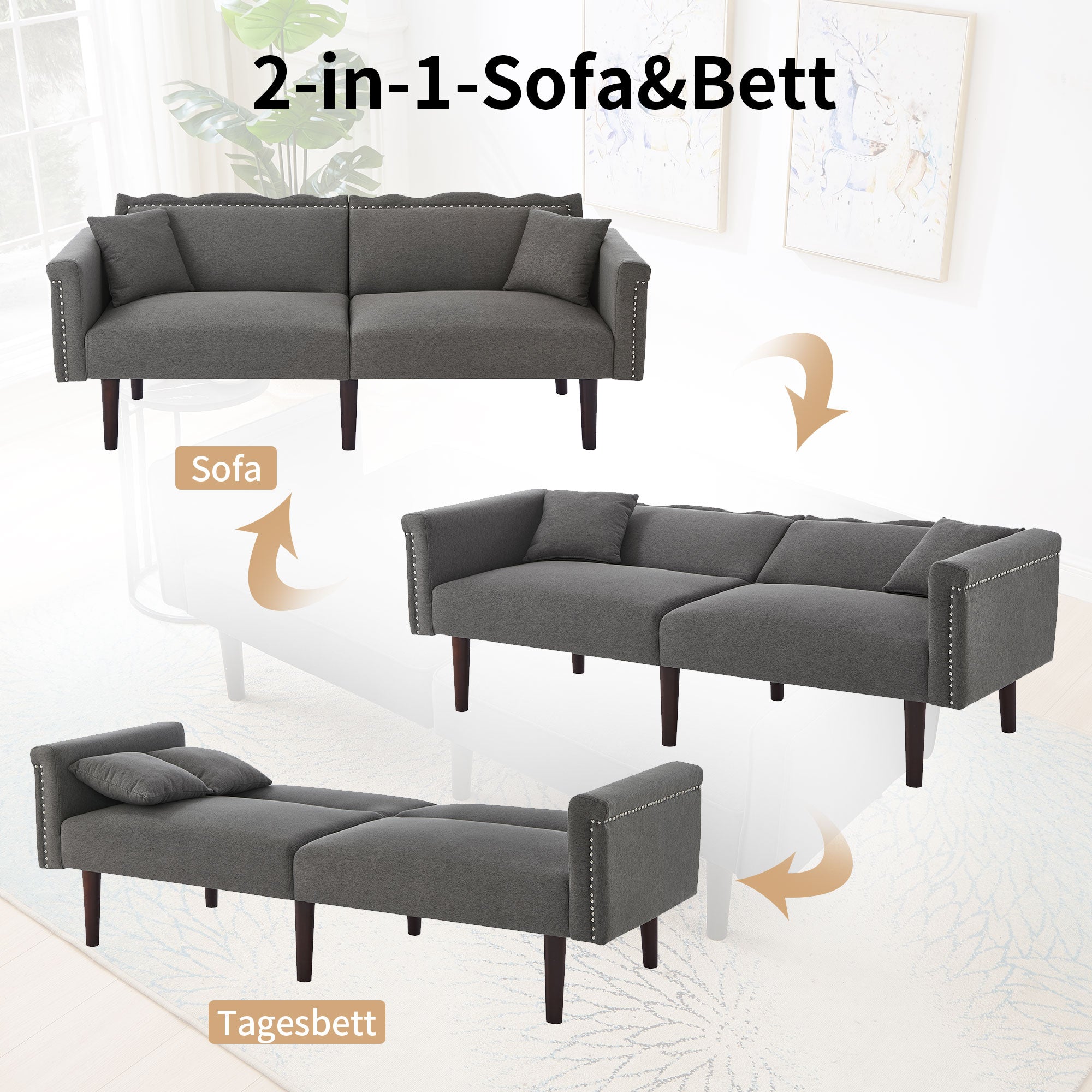 Sofa Bed, 2-in-1 Multifunctional Two-Seater, Adjustable Backrests, Cotton Linen Fabric