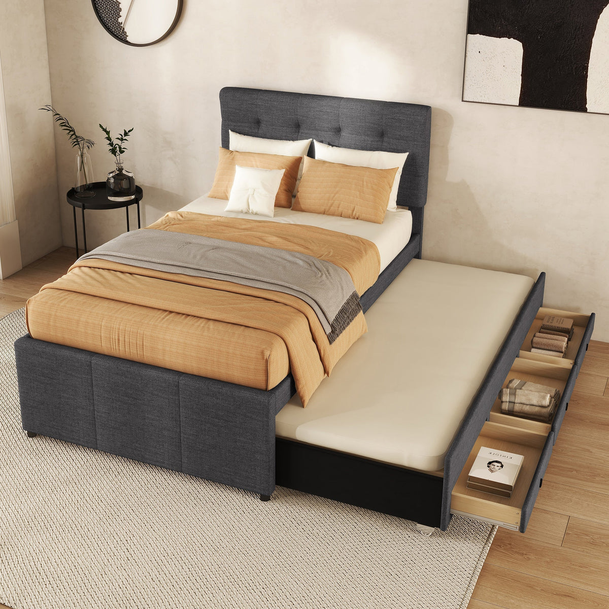 Upholstered Bed 90x200cm Pull-out Trundle 3 Drawers Adjustable Headboard - Grey