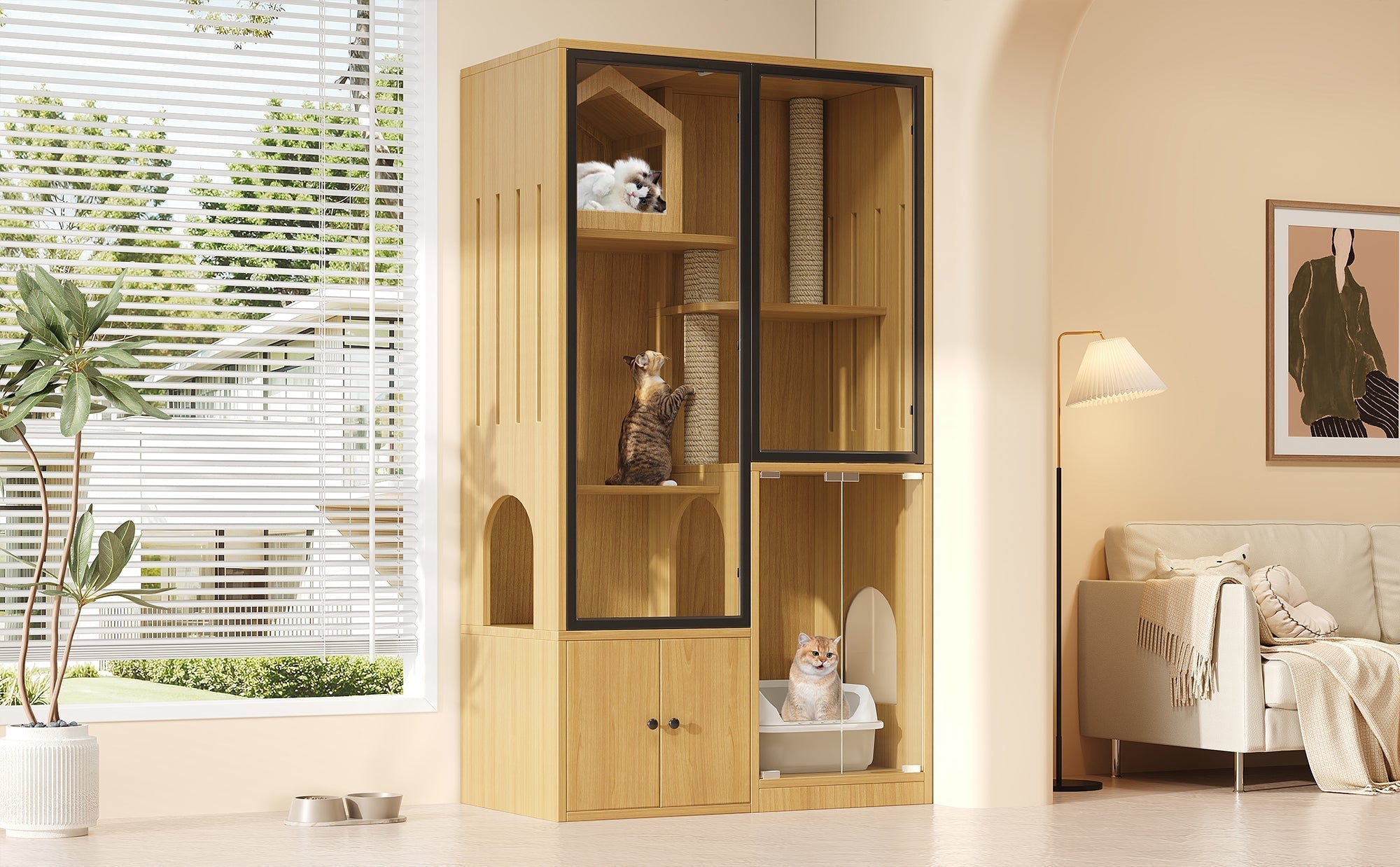 Cat House 4-Story Glass 90x50x160cm with Scratching Post - Yellow Maple Wood