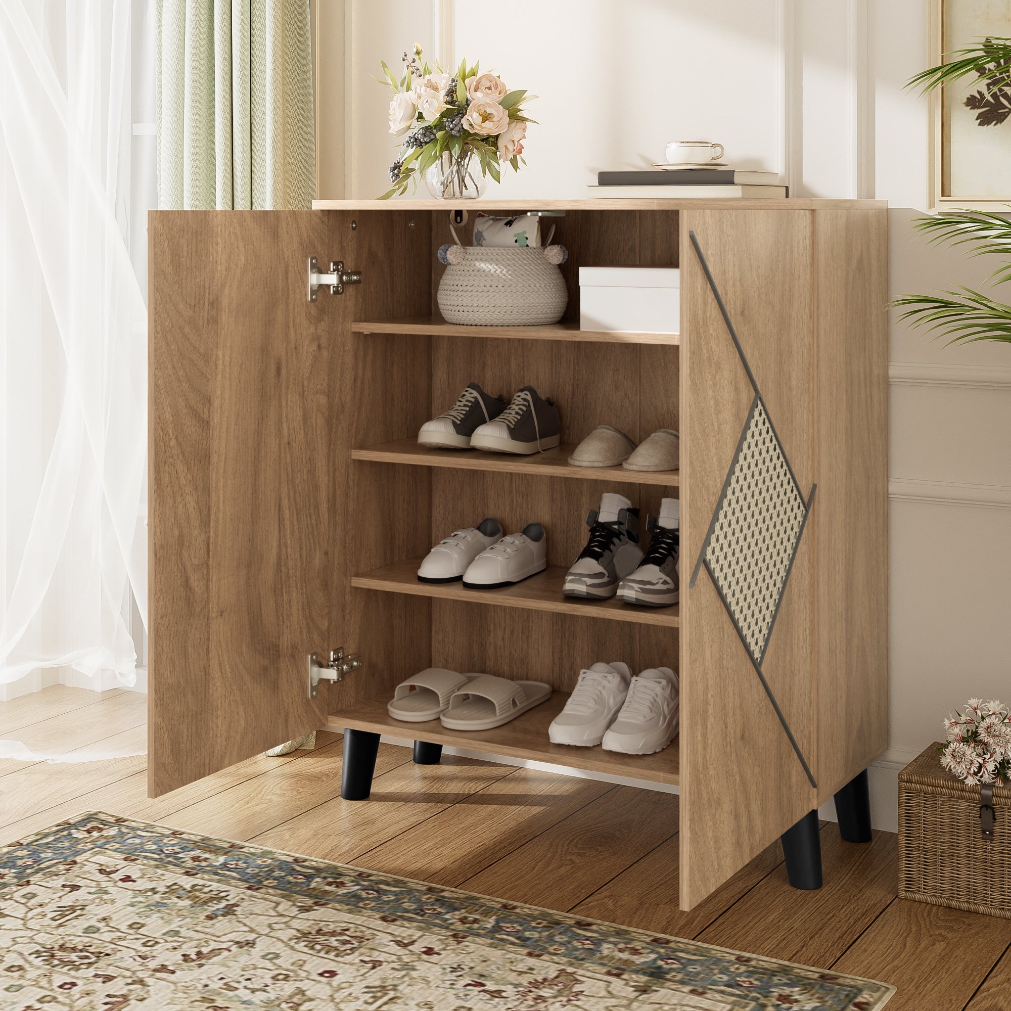 Shoe Cabinet Modern Rattan Pattern Storage 80x32x91cm