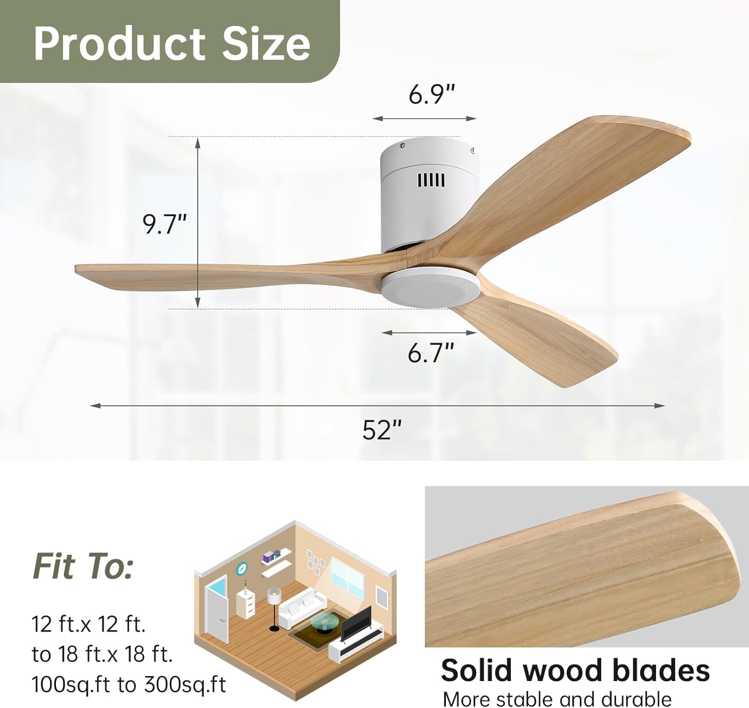 Ceiling Fan 52-Inch, Reversible DC Motor, 3 Solid Wood Blades
