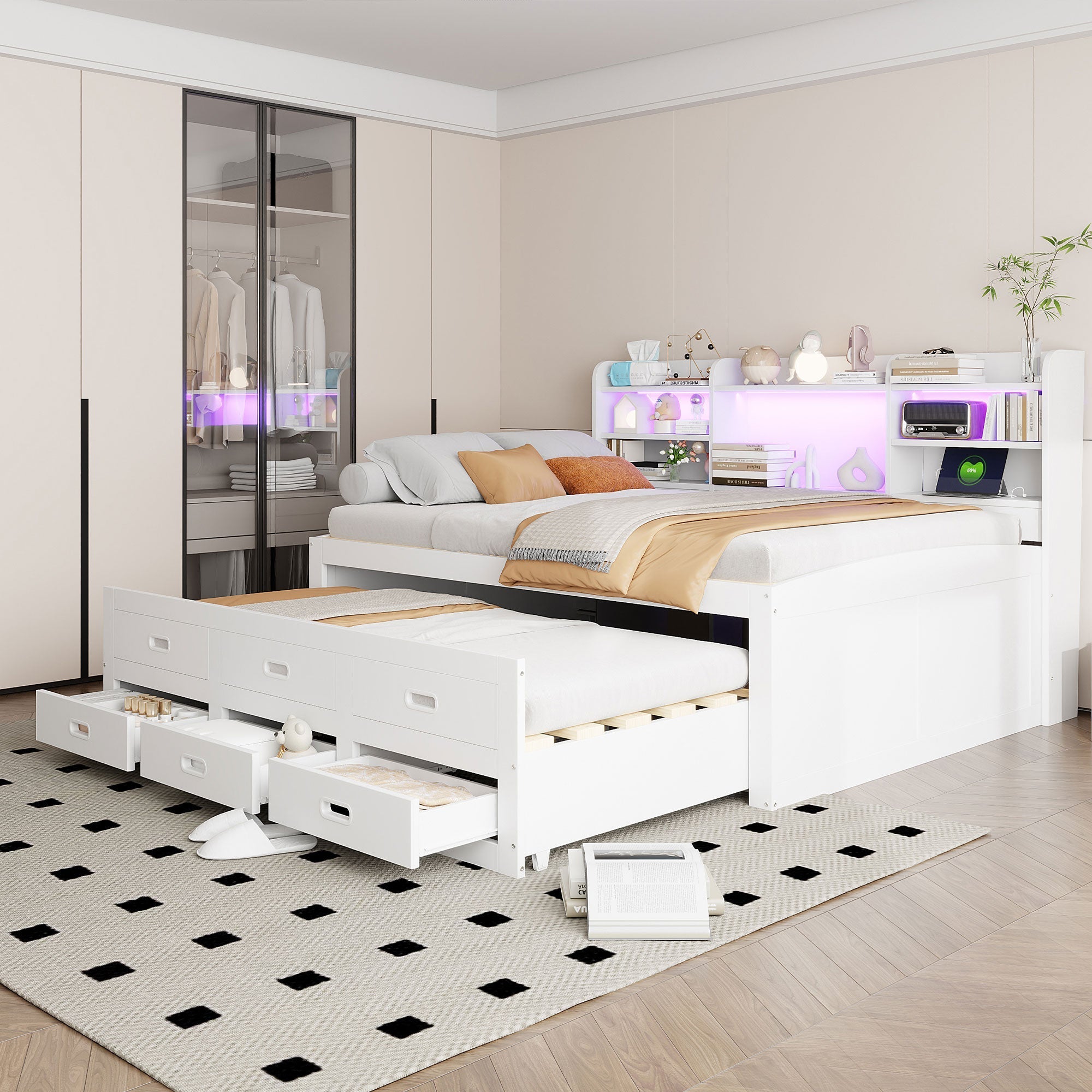 Daybed Sofa Bed 140x200cm Multifunctional Extendable with LED Lights 3 Drawers USB/Type-C White