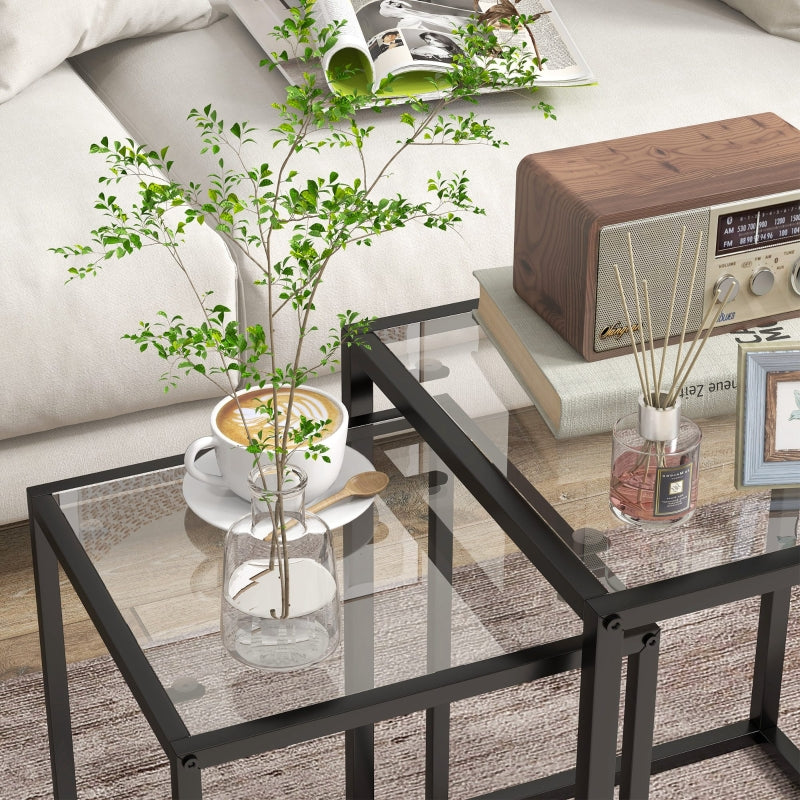 Nesting Tables Set of 2, Side End Table with Tempered Glass Top and Steel Frame, Black