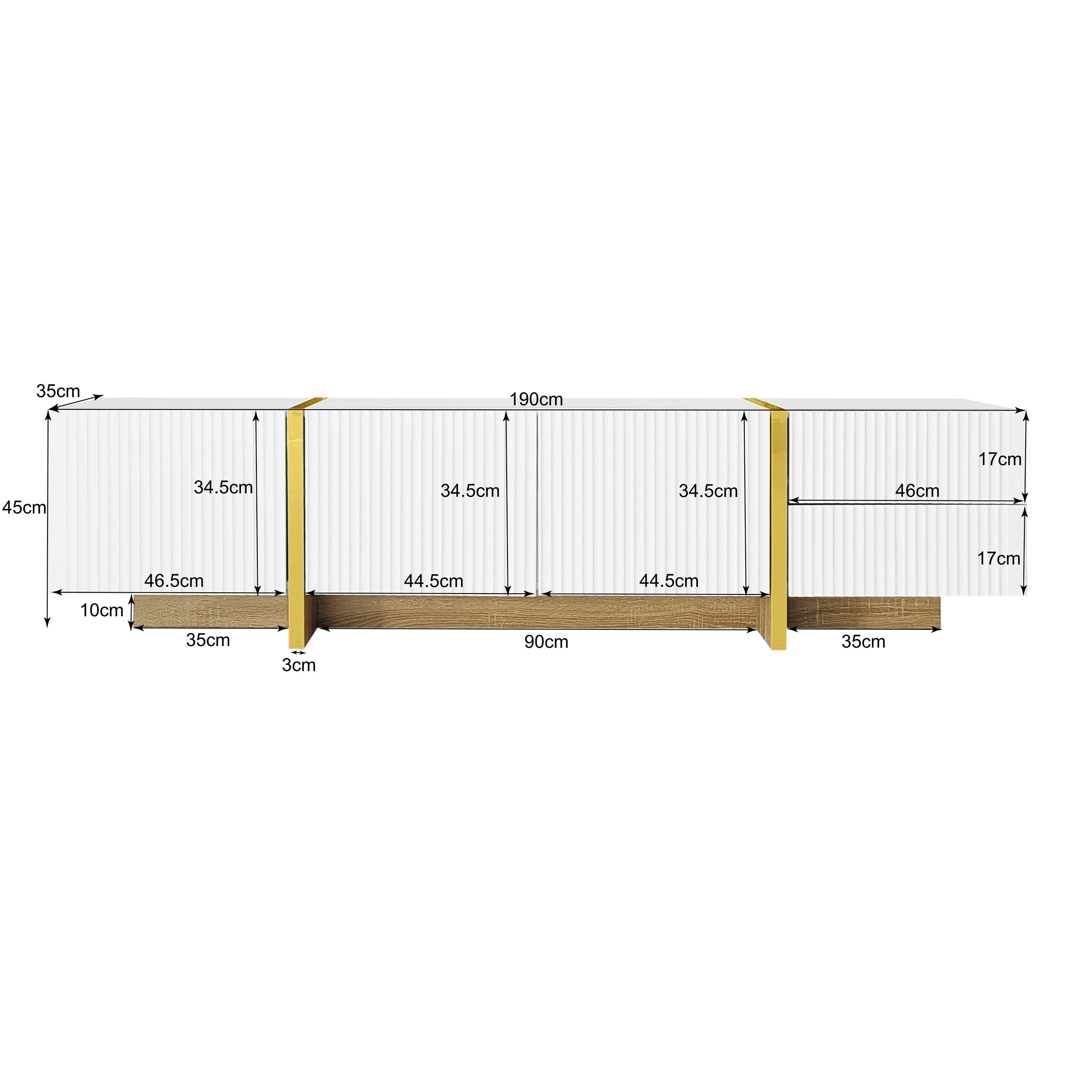 TV Cabinet, 190cm 3 Doors 2 Drawers, White with Gold & Wood Grain