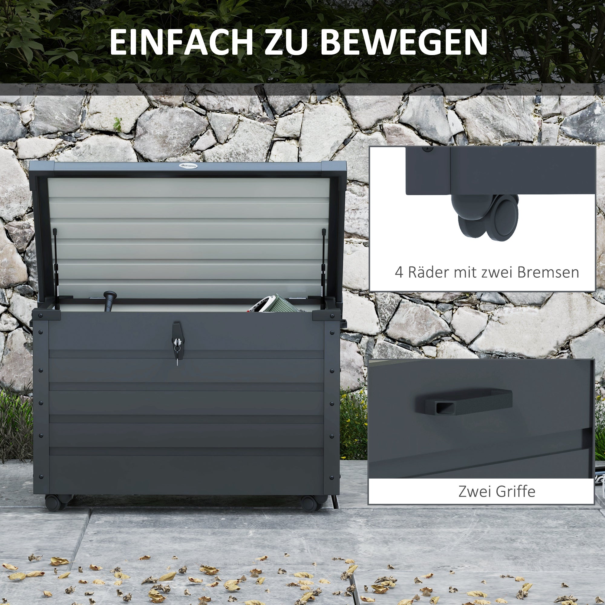 Garden Box Storage Box with Wheels, Lock, Handle Dark Grey