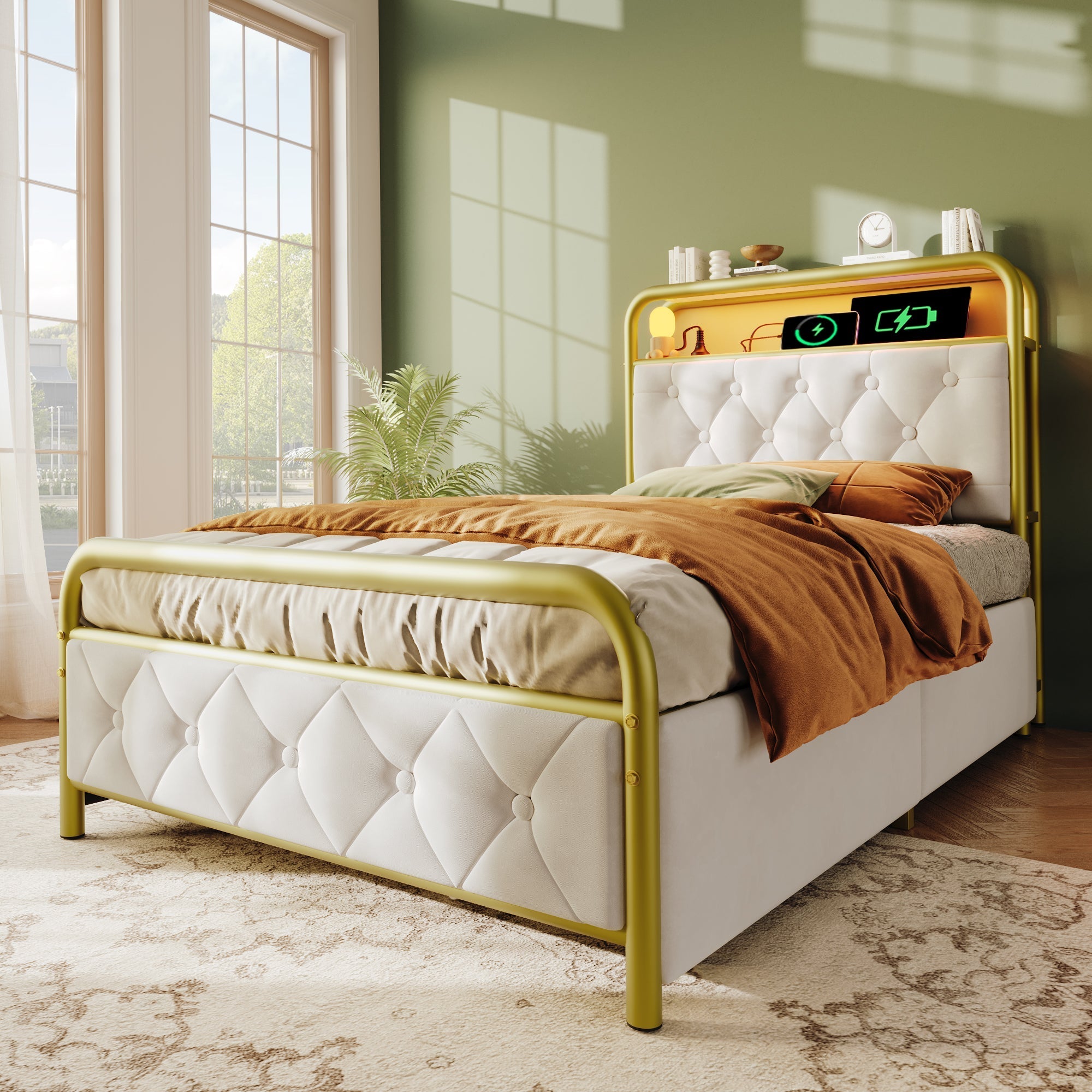 Upholstered Single Bed with USB-C Charging, LED & 2 Drawers, Velvet