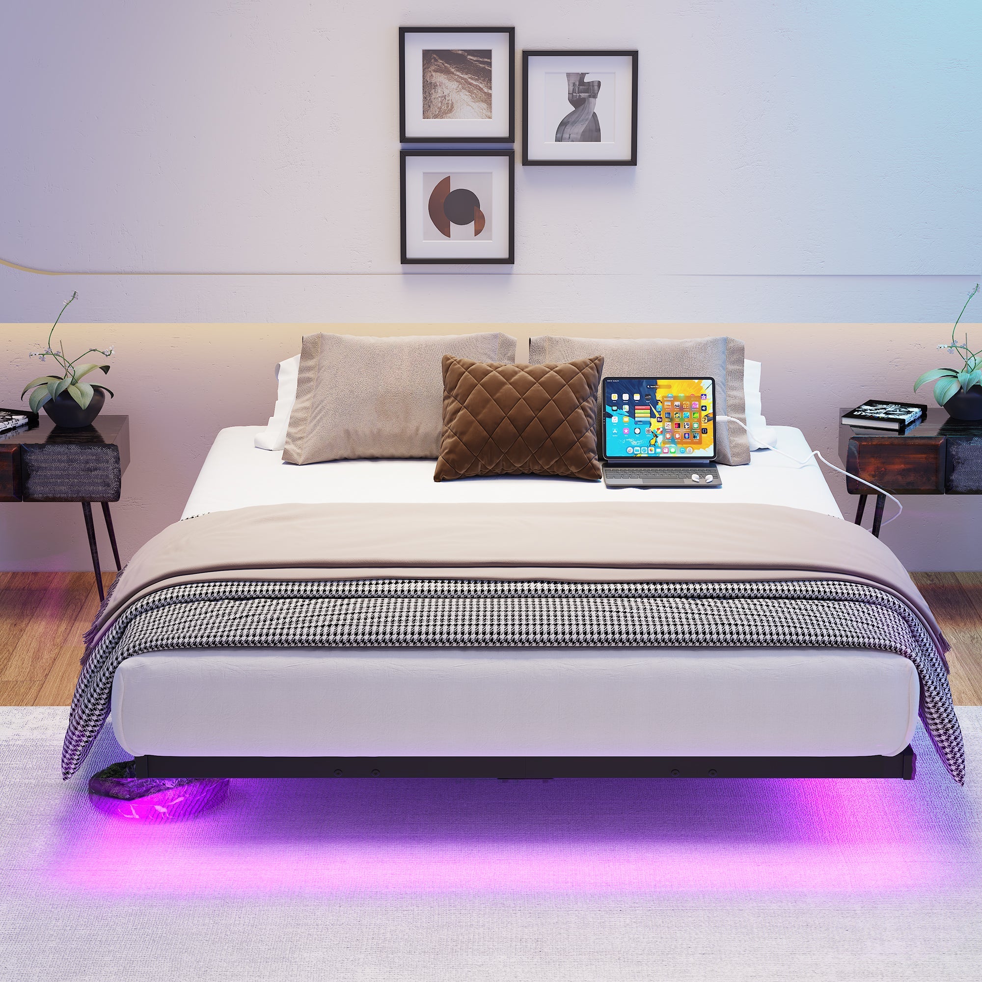 Floating Bed Frame 120x200cm LED Charging Station Metal - Black