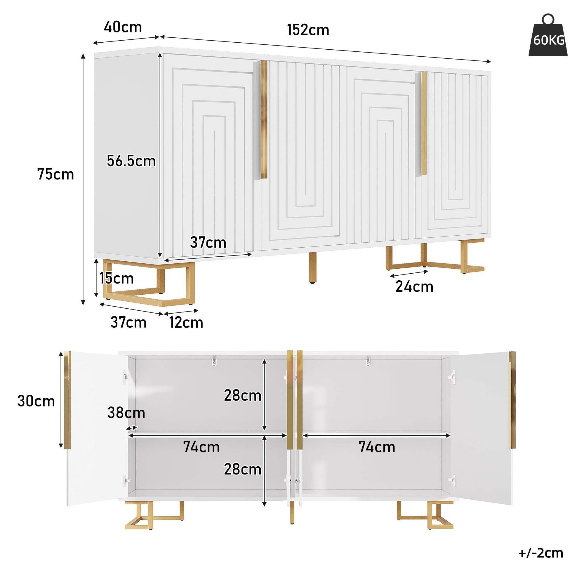Sideboard with Geometric Design and Gold Handles, 152 x 40 x 75 cm, White