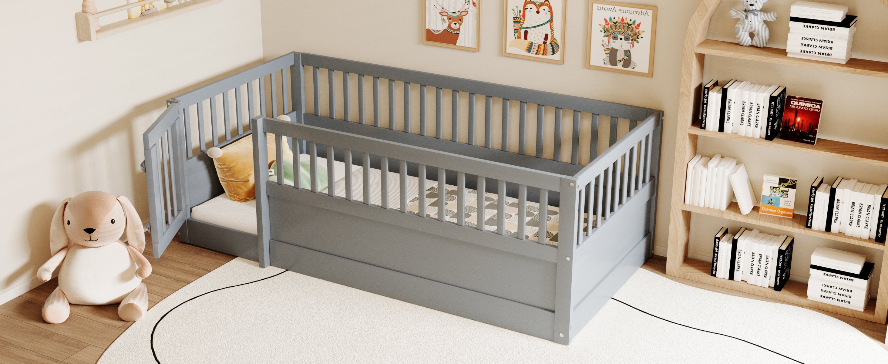 Children's Bed 90x200cm with Railing and Door, Wood, Grey