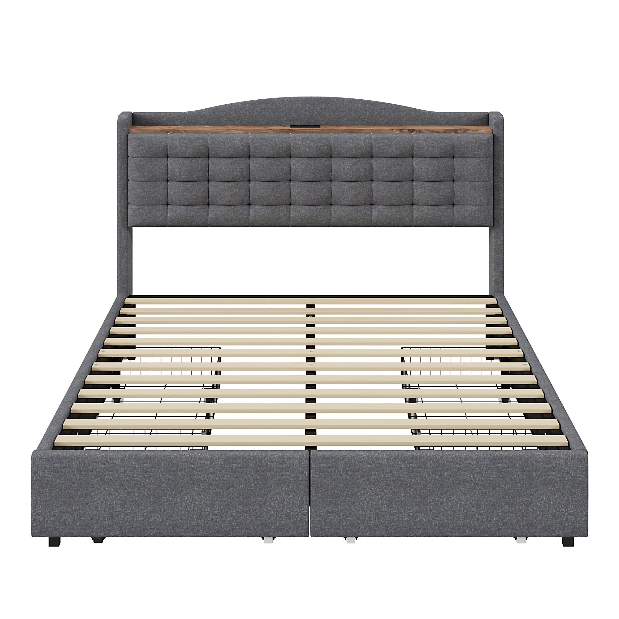 Upholstered Bed, 140x200cm Double Flat with 4 Drawers & USB Bedside Table, Gray Linen