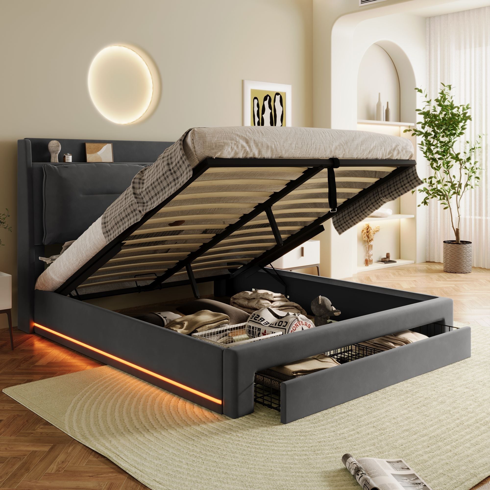 Upholstered Bed Double 4ft6 Hydraulic Storage LED Lights, Velvet Dark Gray
