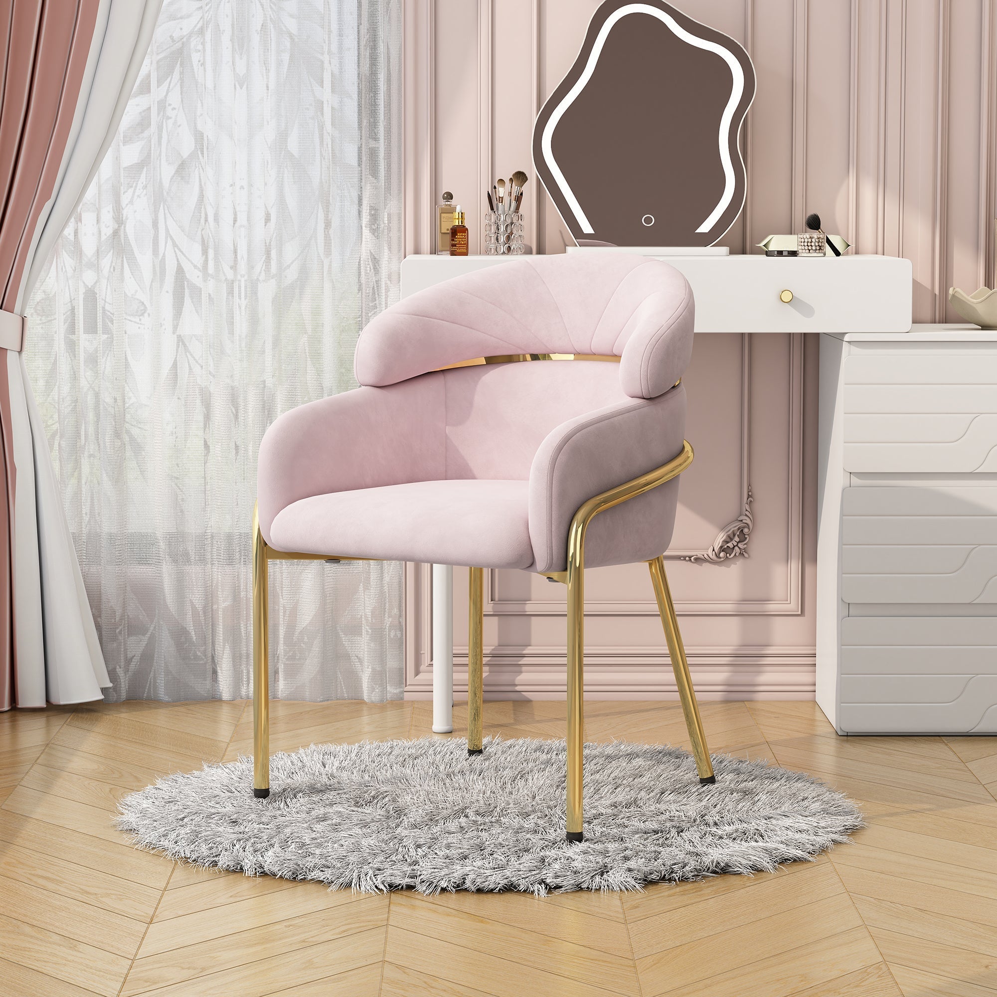 Dining Chair Light Luxury Leisure Metal Legs Velvet Pink