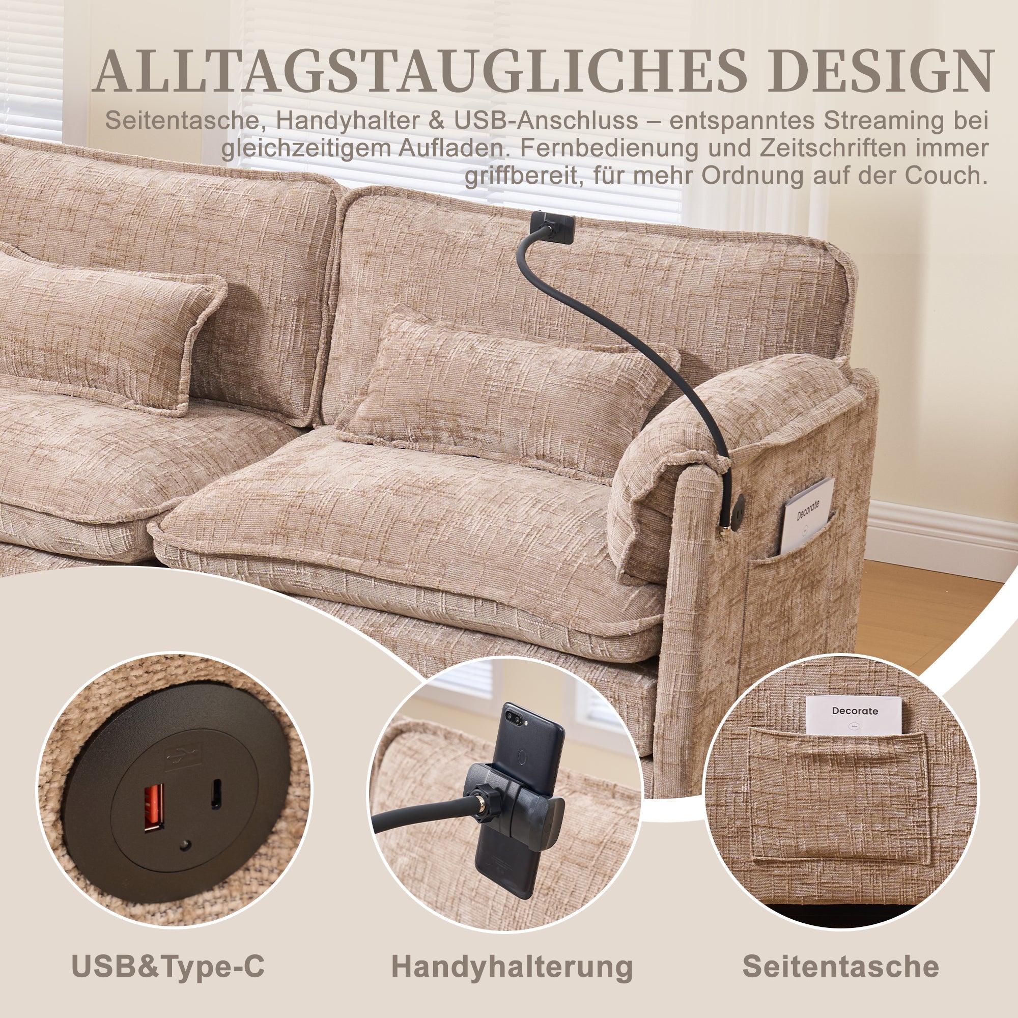 Modern 2-seater Sofa USB Storage Modular Footstool - Khaki Chenille