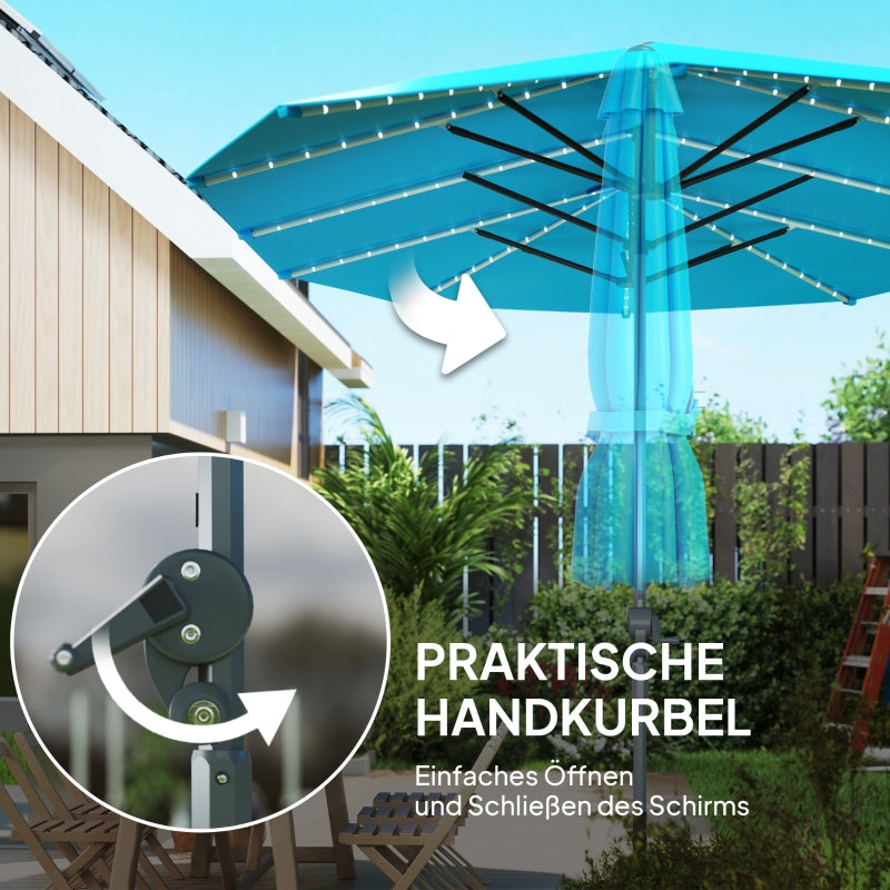 Doppel-Sonnenschirm, Solar-LED-Beleuchtung, UV 50+, Aluminium, Blau