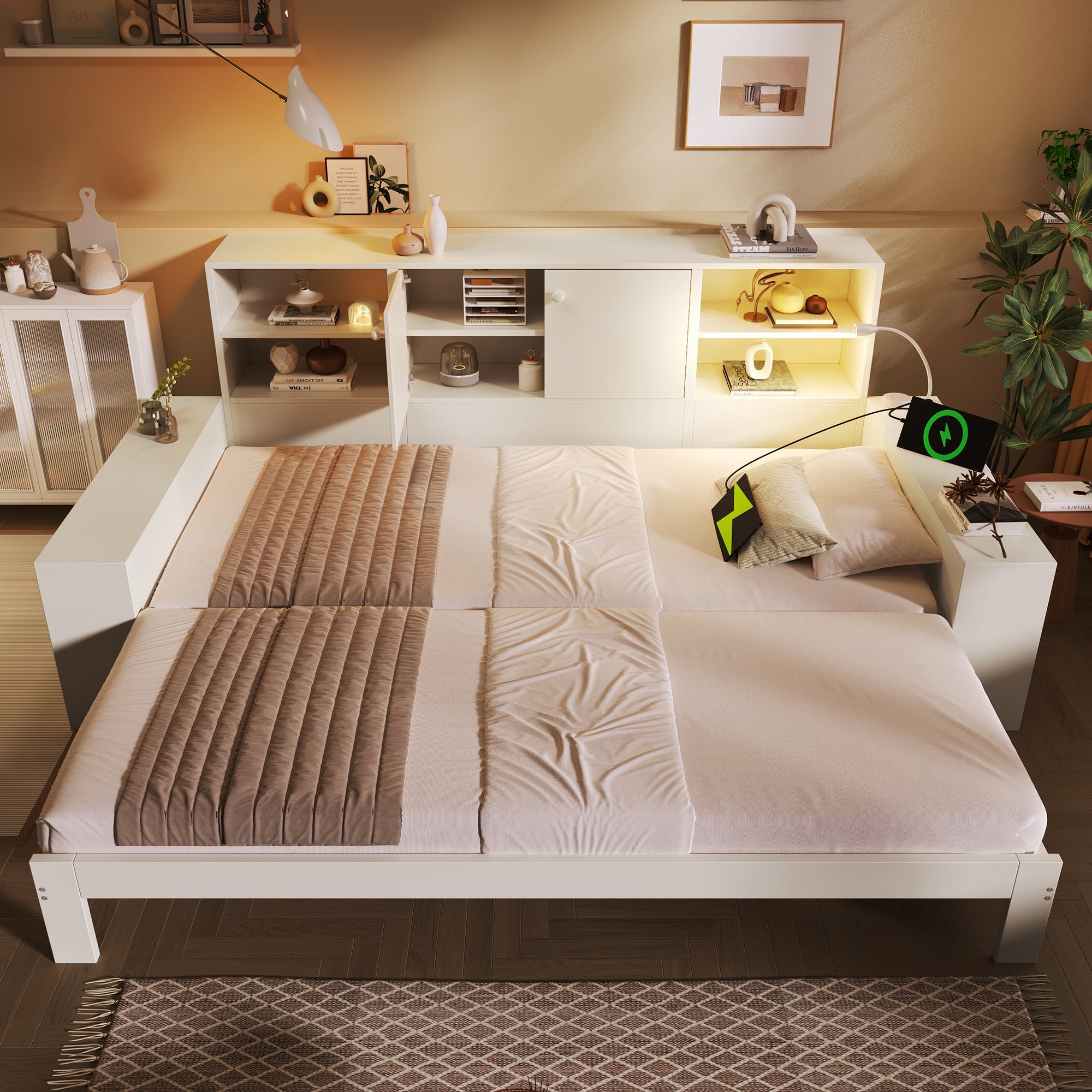 Storage Bed with Pull-out Bed, Double Doors and USB Ports, 90x200cm, White Wood