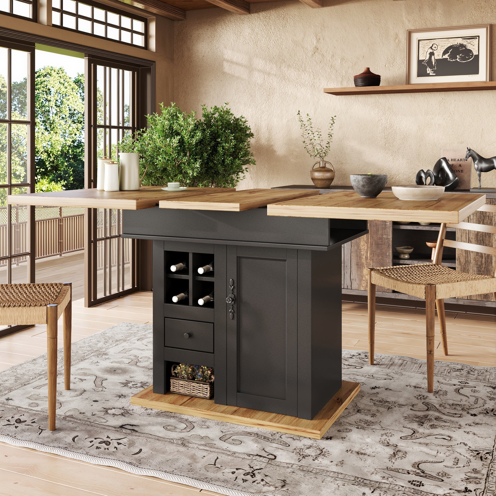 Telescopic Dining Table, Extendable 4-6 Person Space-Saving with Wine Rack, MDF/Metal