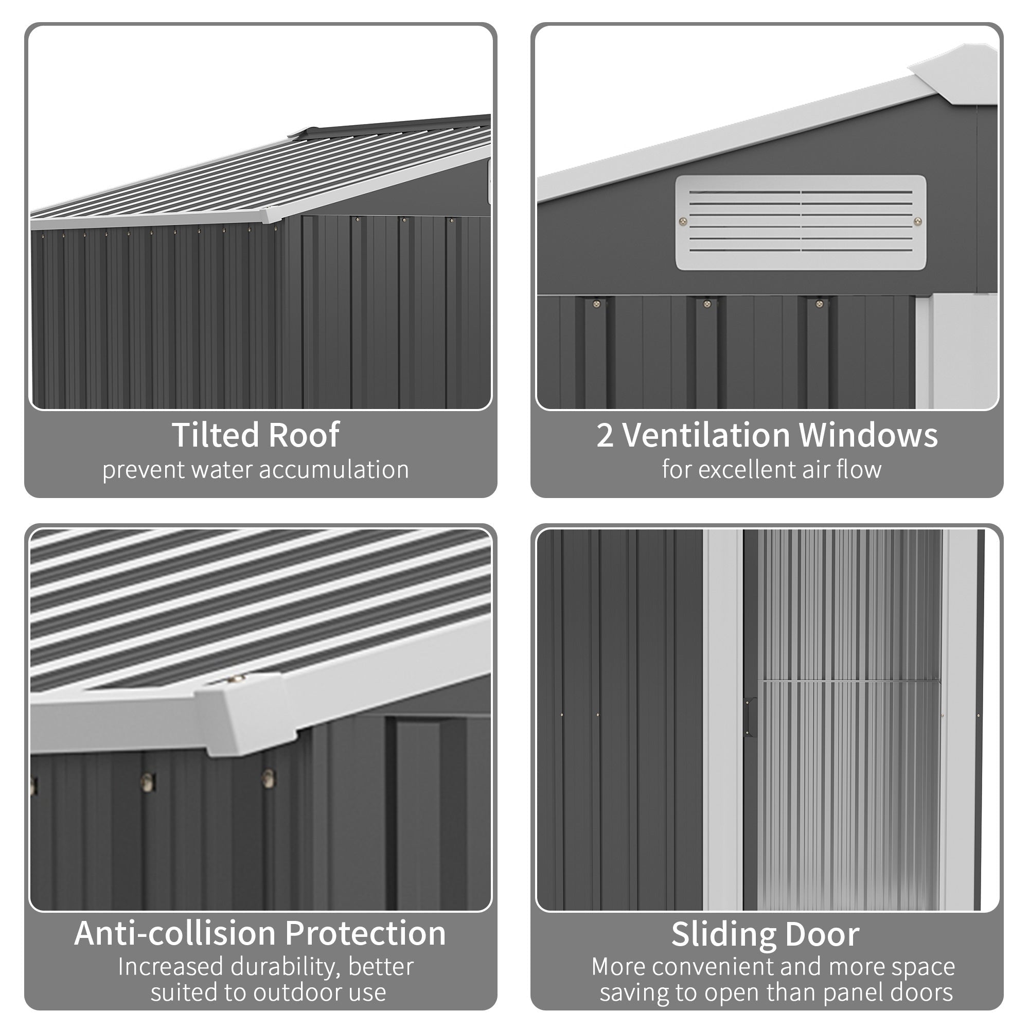 Garden Metal Tool Storage Shed with Sliding Door, Sloped Roof and Foundation Kit, Grey