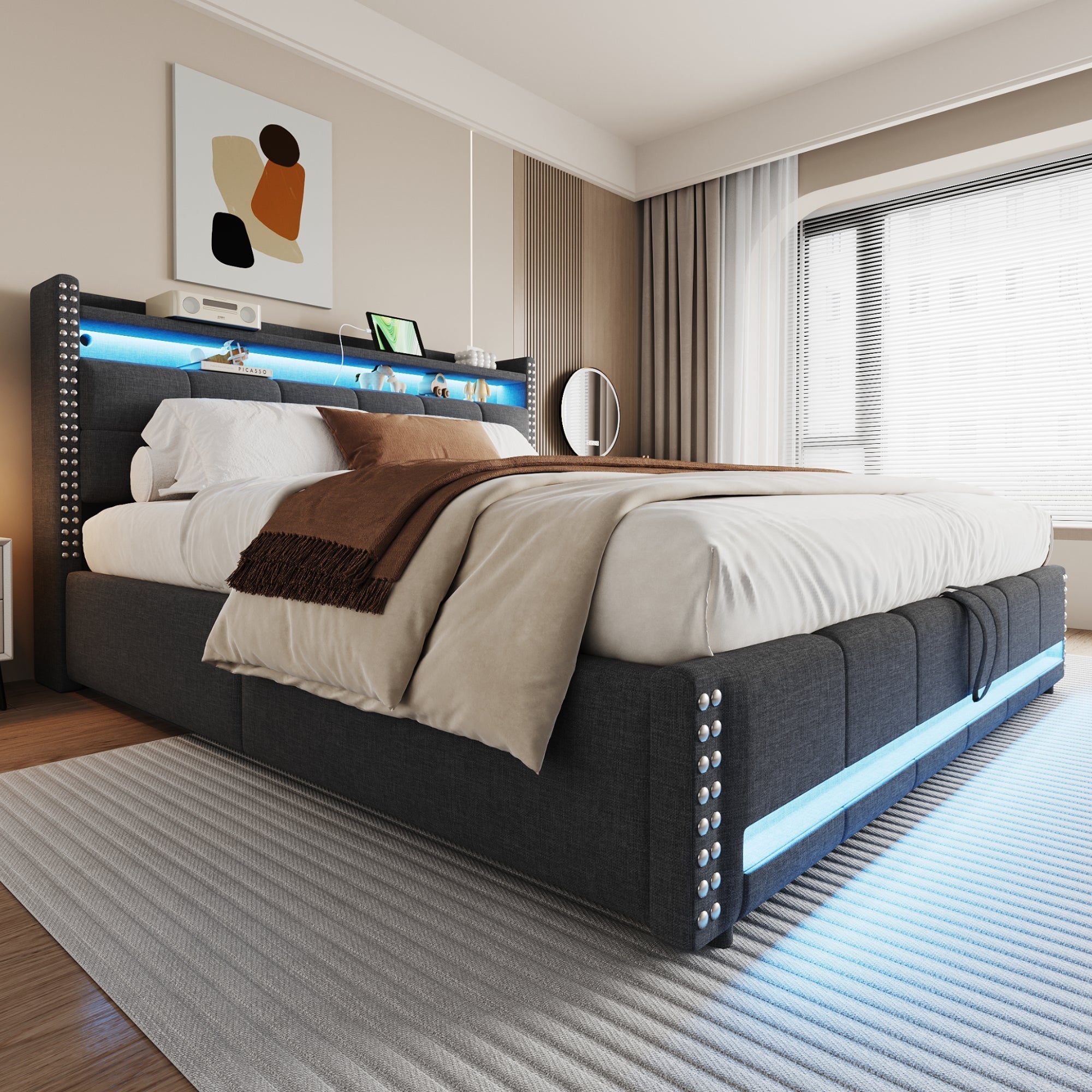Upholstered Modular Bed with LED Headboard, USB Port and Hydraulic Storage, Gray Linen Fabric