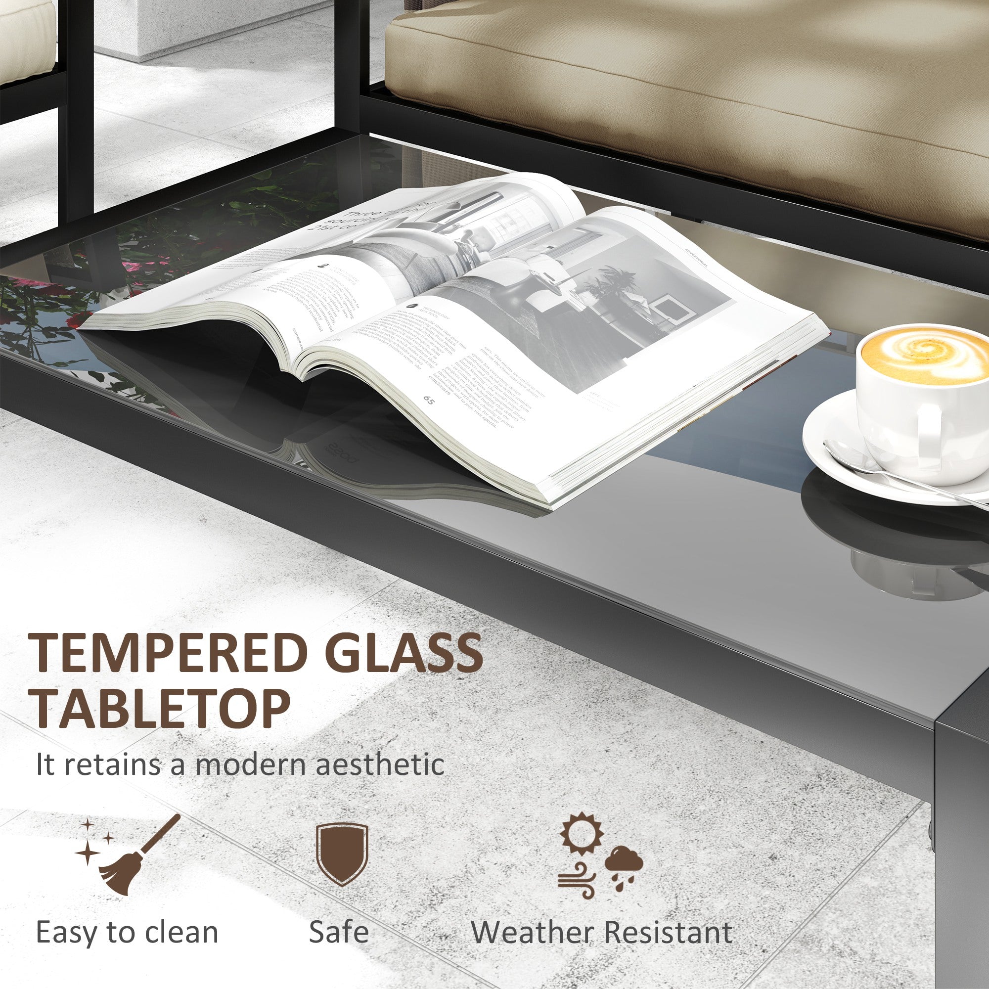 4 Piece Garden Furniture Set with Tempered Glass Coffee Table, Loveseat, Armchairs, Padded Cushions, Khaki Metal