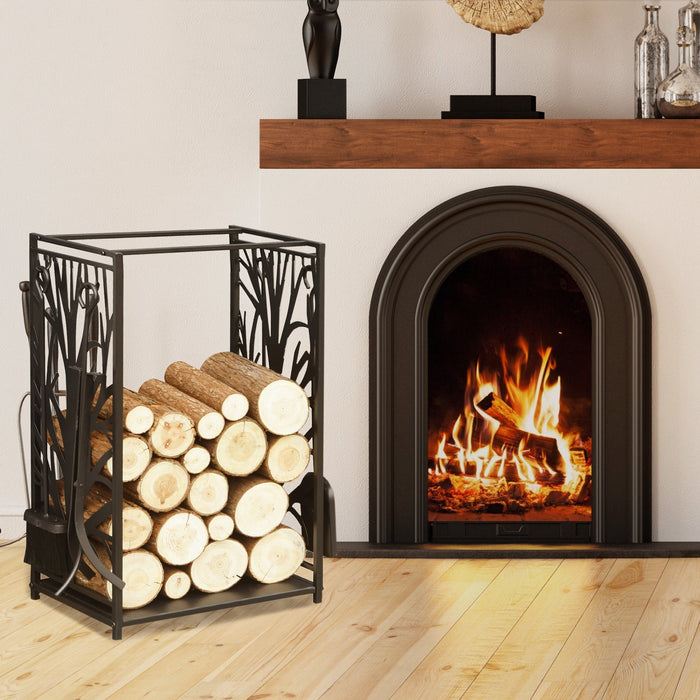 Firewood Rack with Tools, Steel, Black