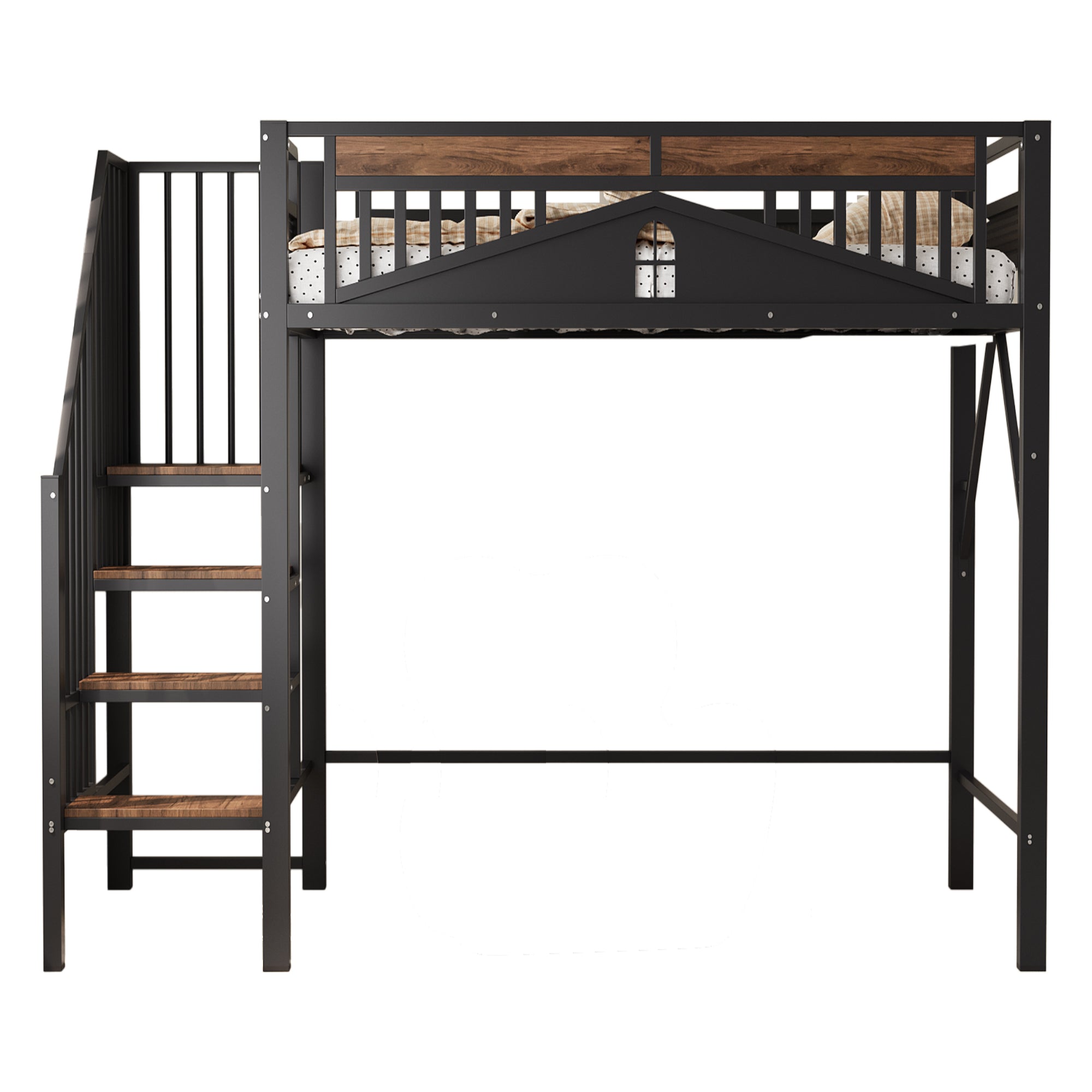 Metal Loft Bed 90x200cm Safety Railing Ladder Under-Bed Space, Black