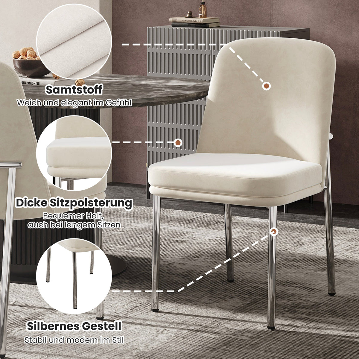 Dining Chairs Set of 2 Thickened Cushion Modern Metal Legs - Beige Velvet