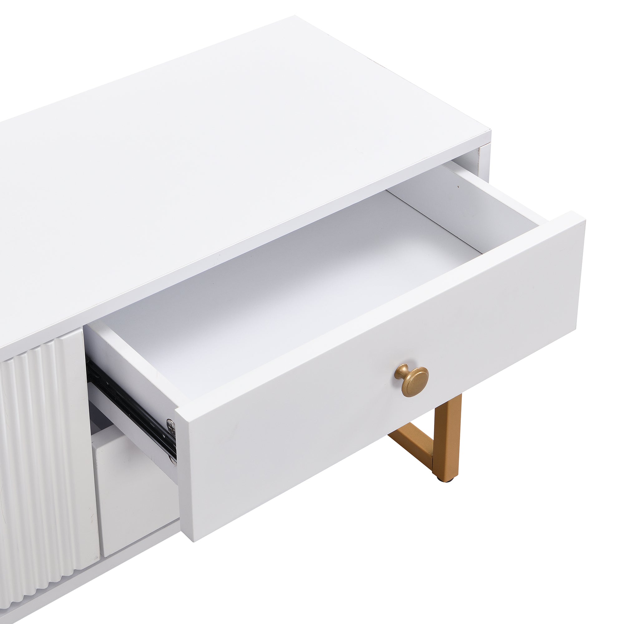 TV Cabinet, Low Panel with Textured Door & Drawers, Gold Handles & Feet