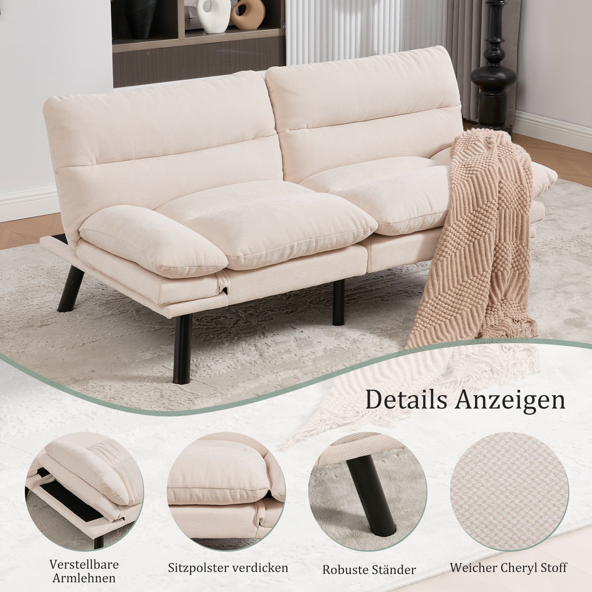 Two-Seater Sofa Ergonomic Adjustable Metal Legs, Chenille