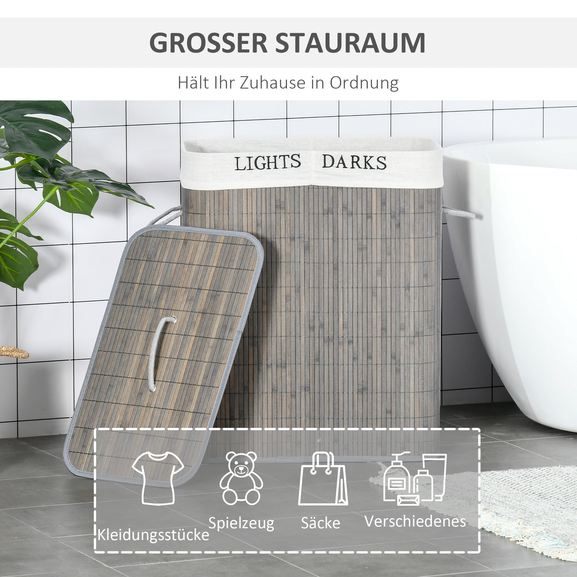Laundry Basket 100L 2 Compartments Foldable Bamboo, Grey