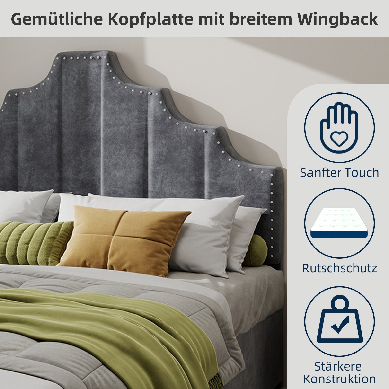 Modern Minimalist Soft Bed, 140*200CM, High Box Bed, Gray