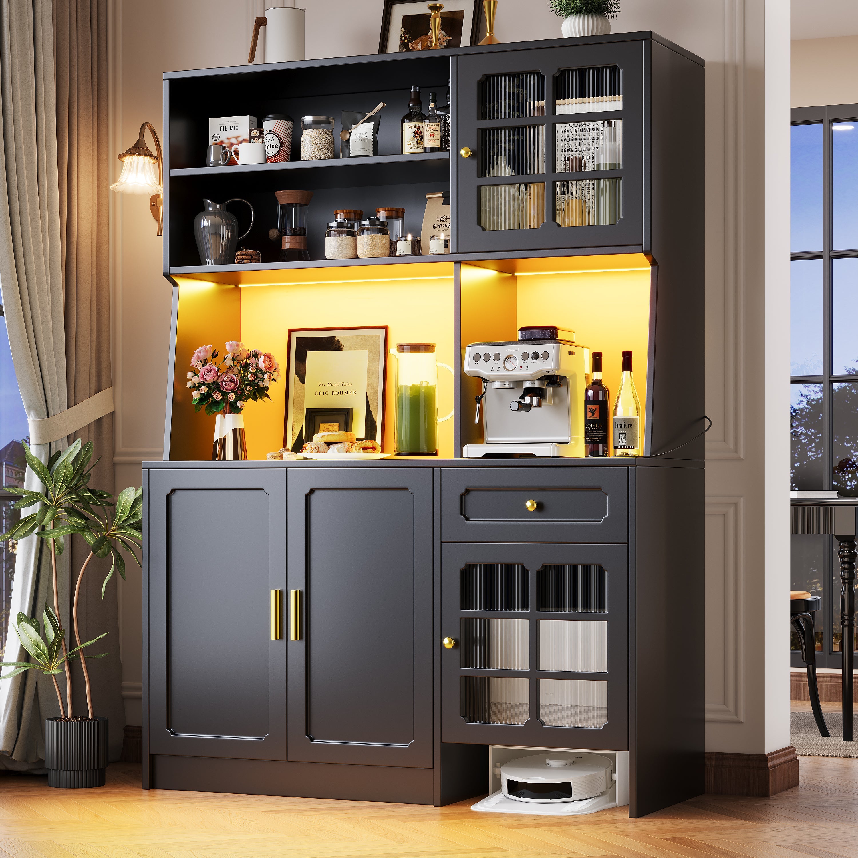 Tall Kitchen Cabinet Sideboard with Glass Doors and LED Lighting, Black