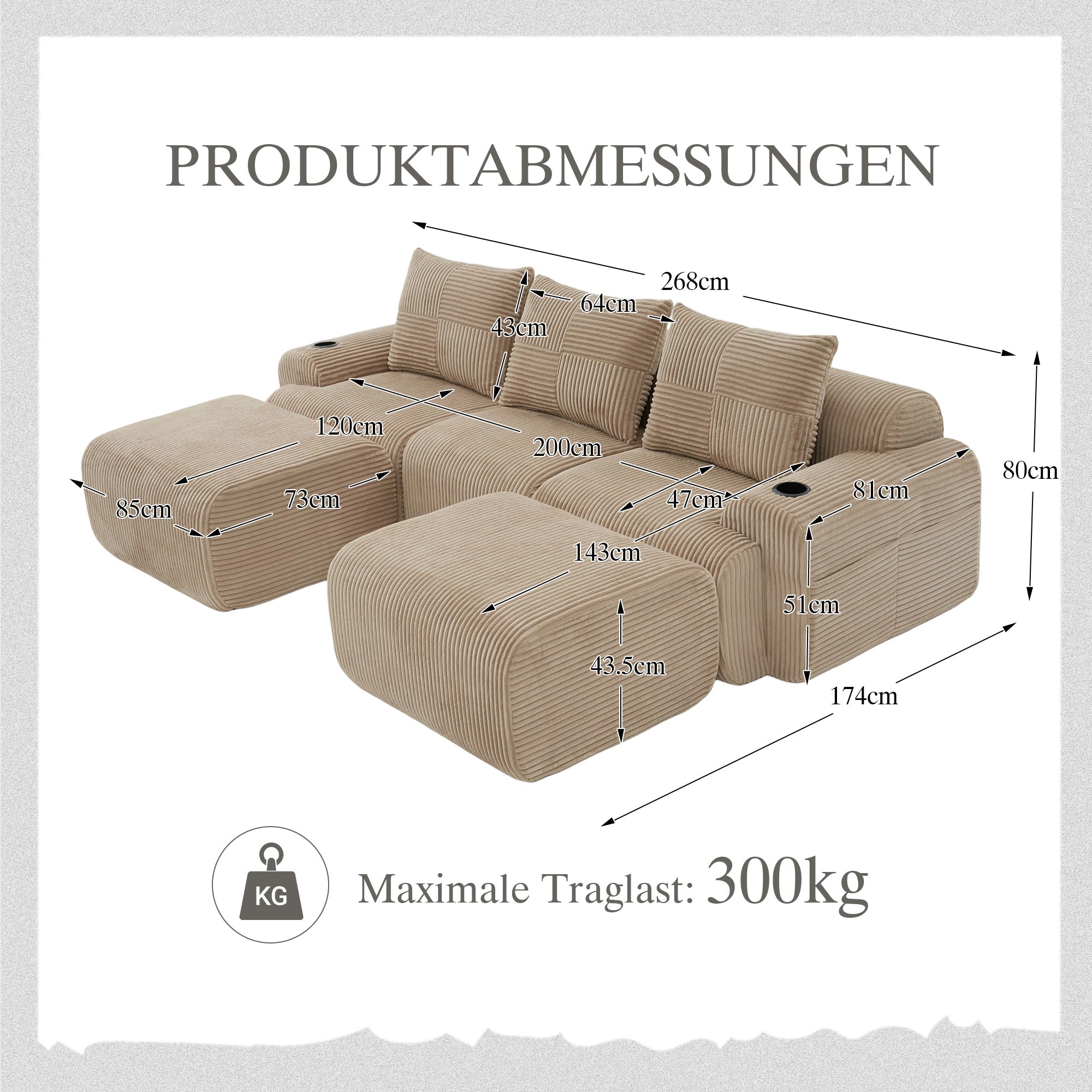 3-Seater Modular Sofa with Ottomans, Cup Holders and Side Pocket, Khaki Corduroy