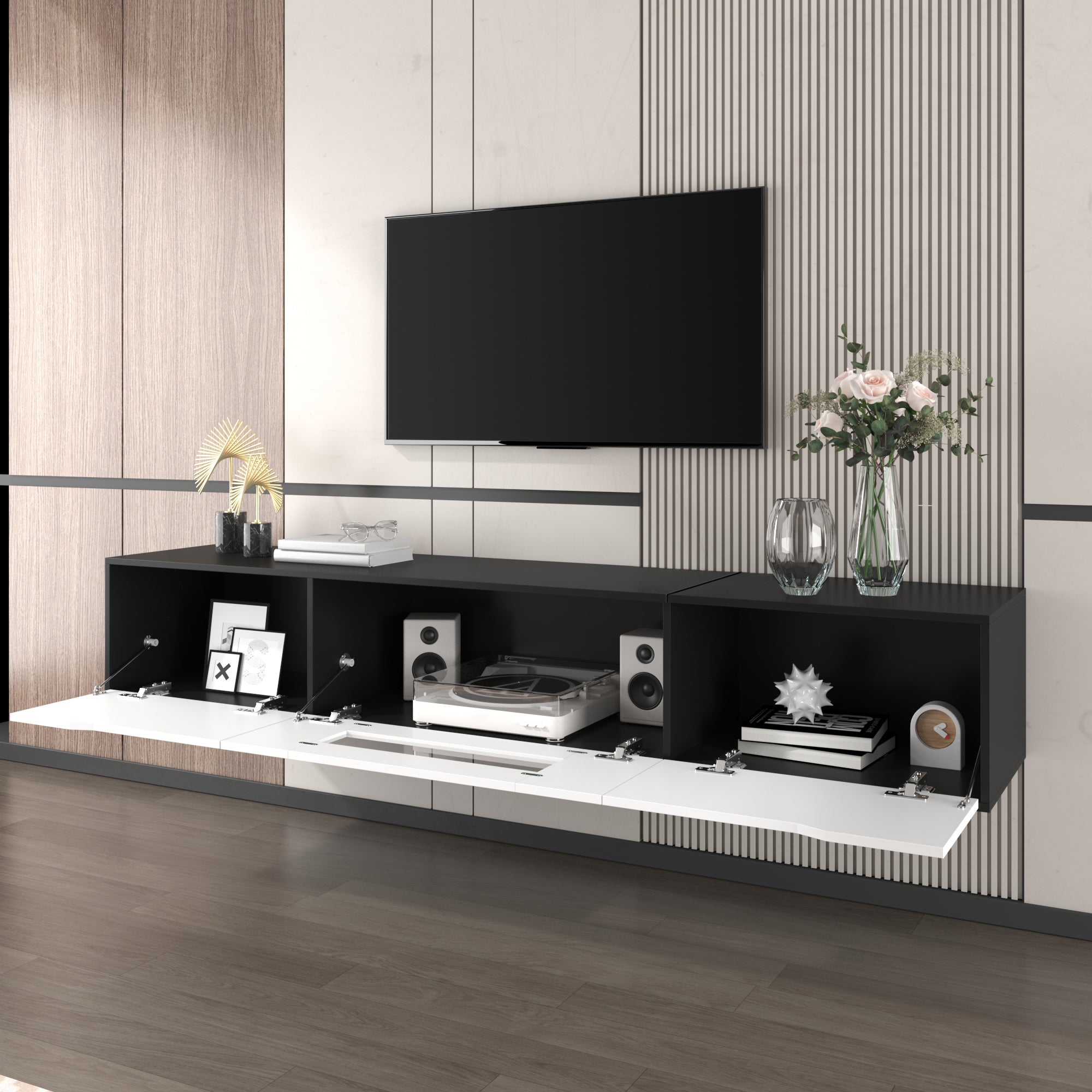 TV Cabinet High-Gloss 180cm Wall-Mounted LED USB - Black/White