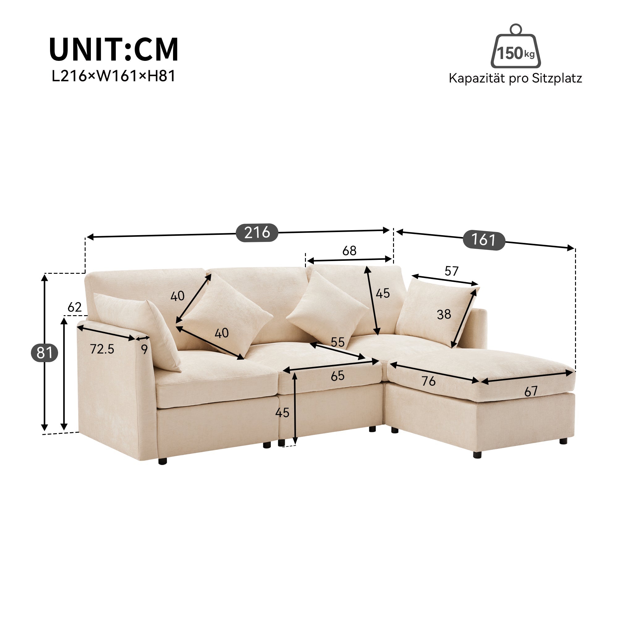 L-Shaped Corner Sofa Modern 3-Seater 4-Seater Footstool - Chenille Fabric