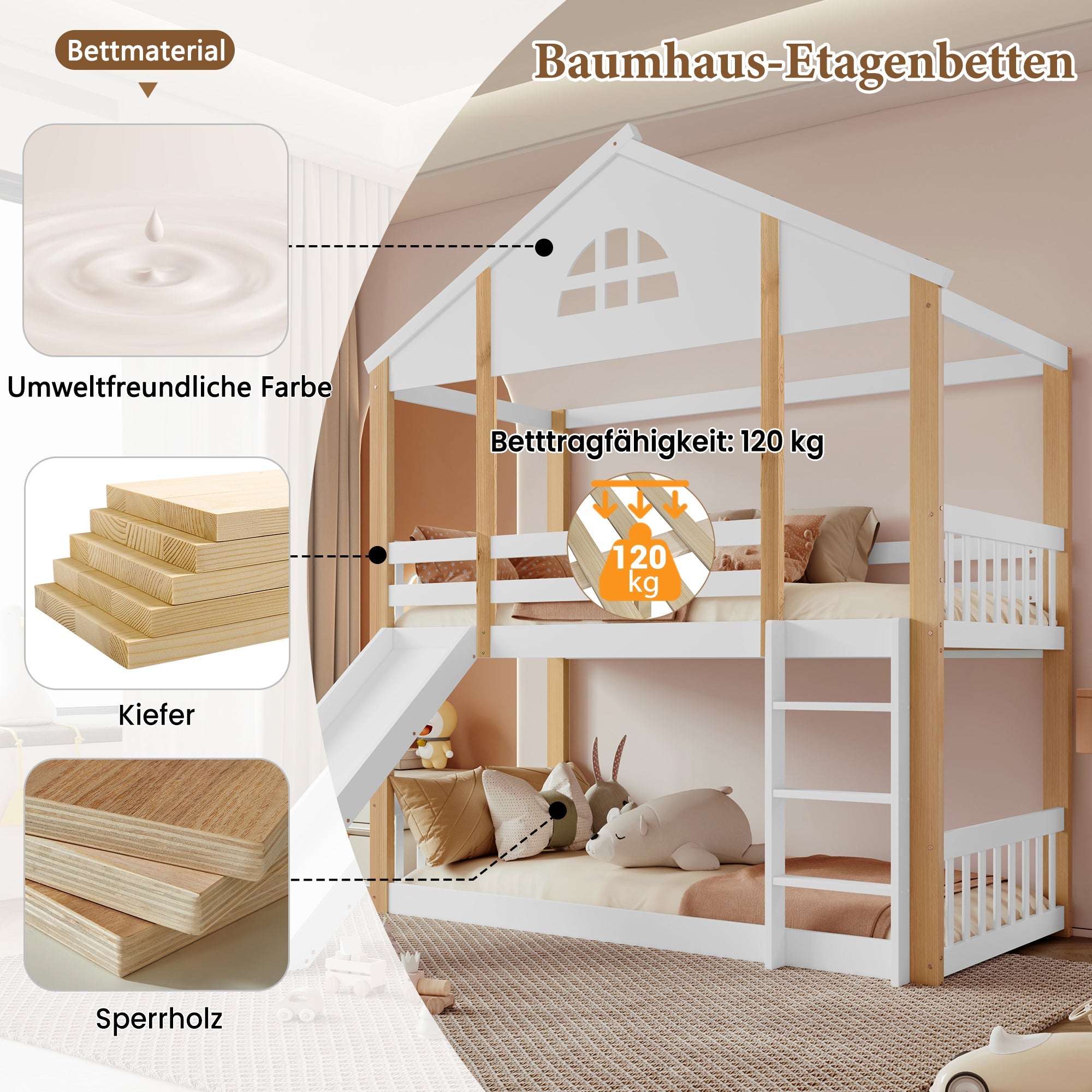 Bunk Bed with Slide & Ladder, House Bed with Fences, Solid Wood, White+Natural, 90x200cm